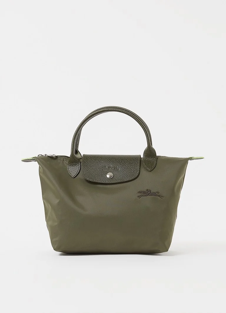 Geantă verde Longchamp Le Pliage, mărimea S, cu detalii din piele.