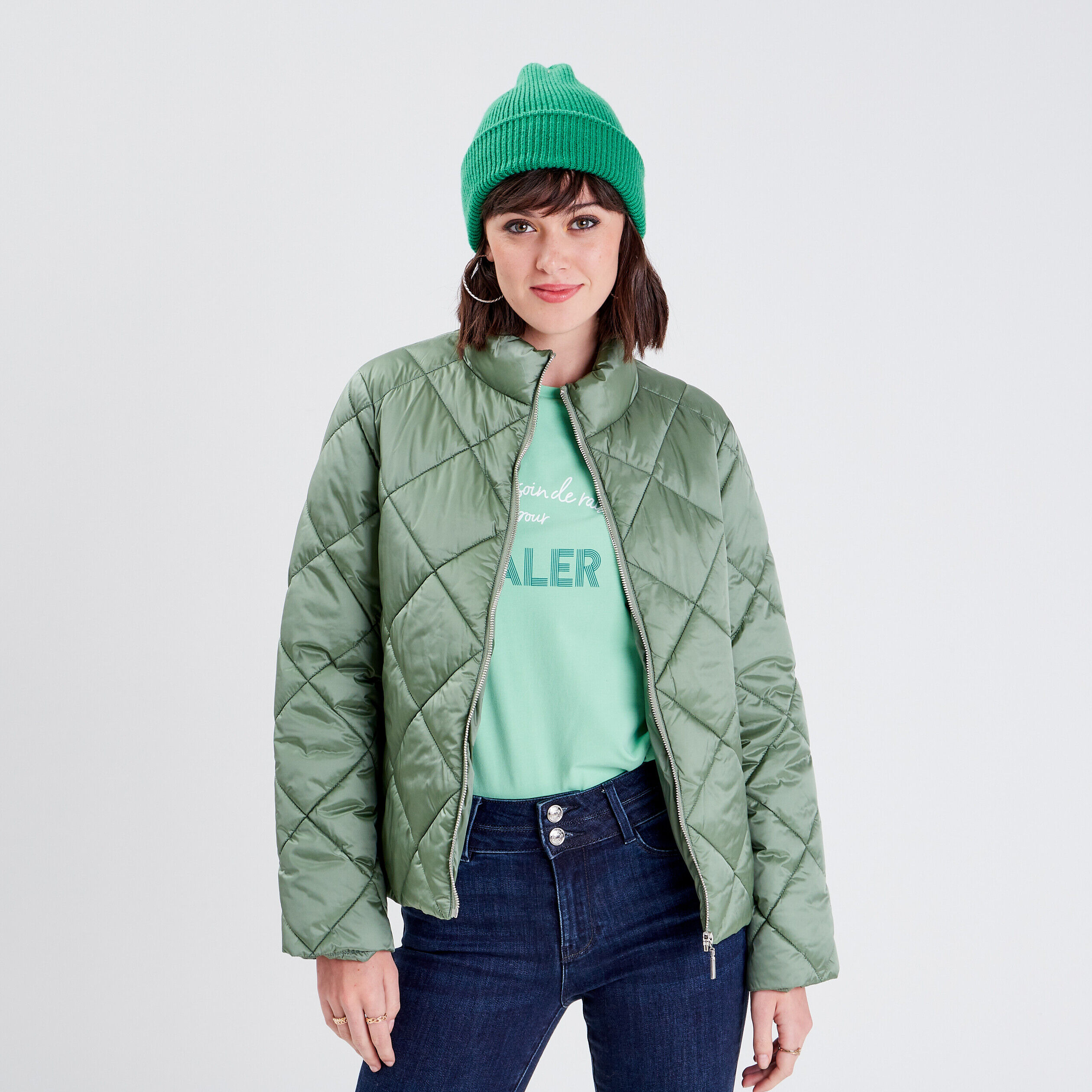 Doudoune droite zippée vert foncé femme | Cache Cache