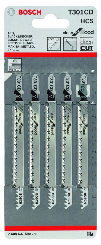Bosch Blue Accessories 2608637590 Stiksavklinge T 301 CD Clean for Wood