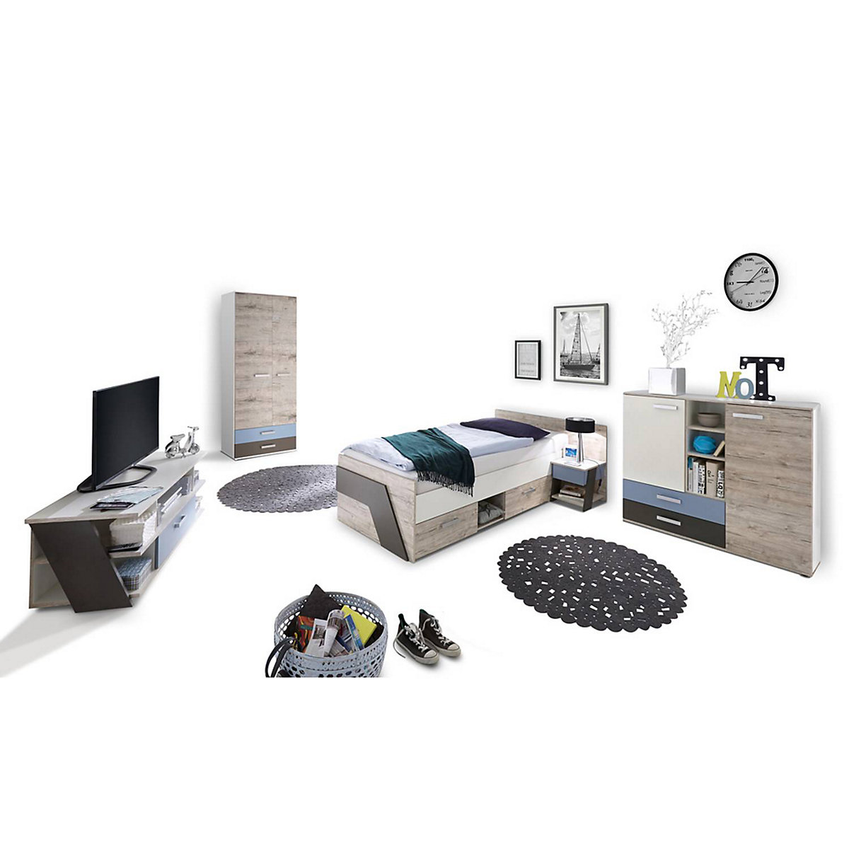 Jugendzimmer Set mit Bett 90x200 cm mit Kleiderschrank LEEDS-10 in Sandeiche Nachbildung mit weiß, Lava und Denim Blau