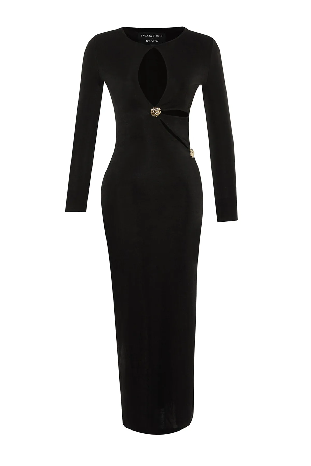 Trendyol Collection  X Sagaza Studio Schwarzes, detailliertes Kleid mit Ausschnitten TPRAW23EL00407