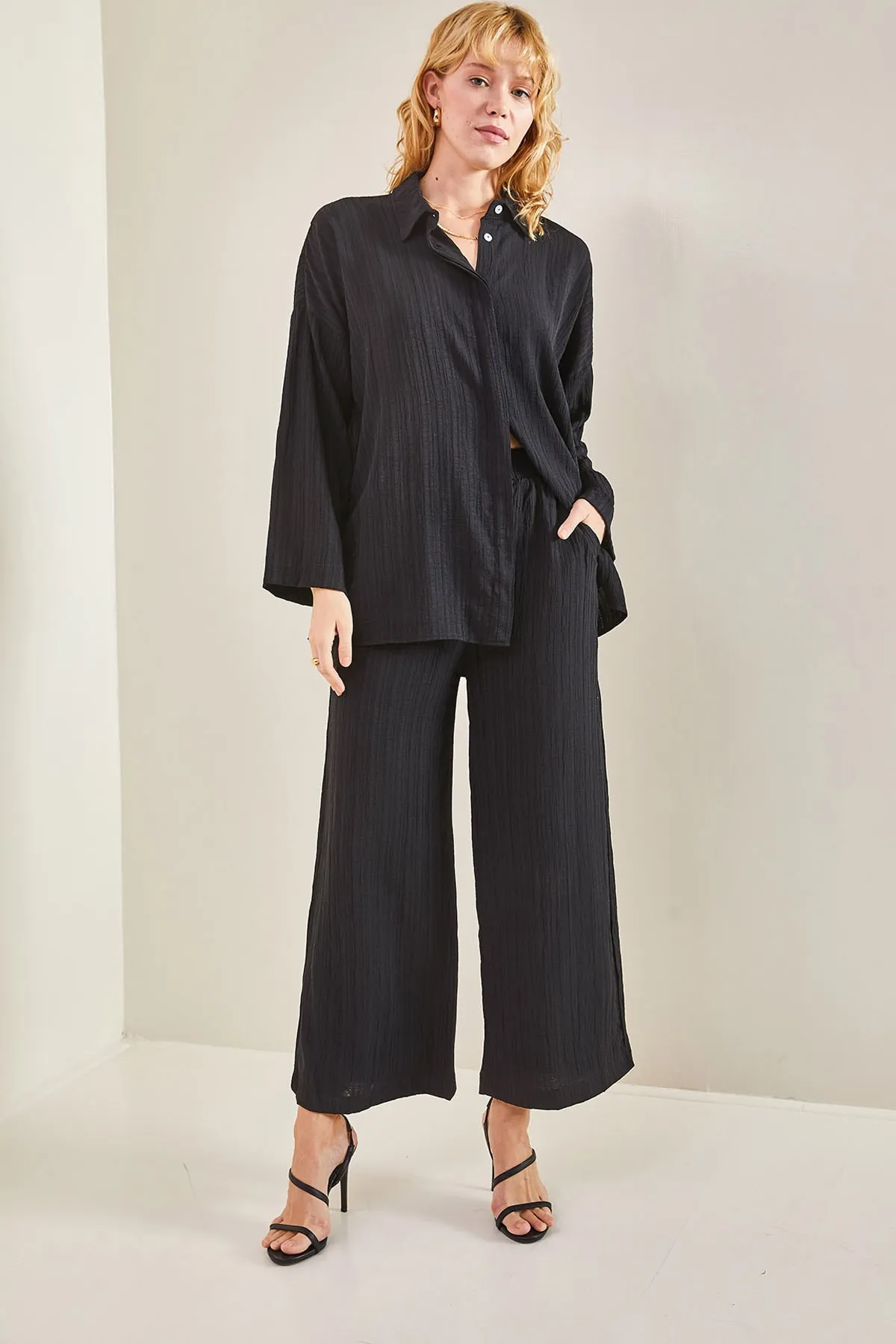 Bianco Lucci  Seersucker-Unterteil-Top-Set für Damen