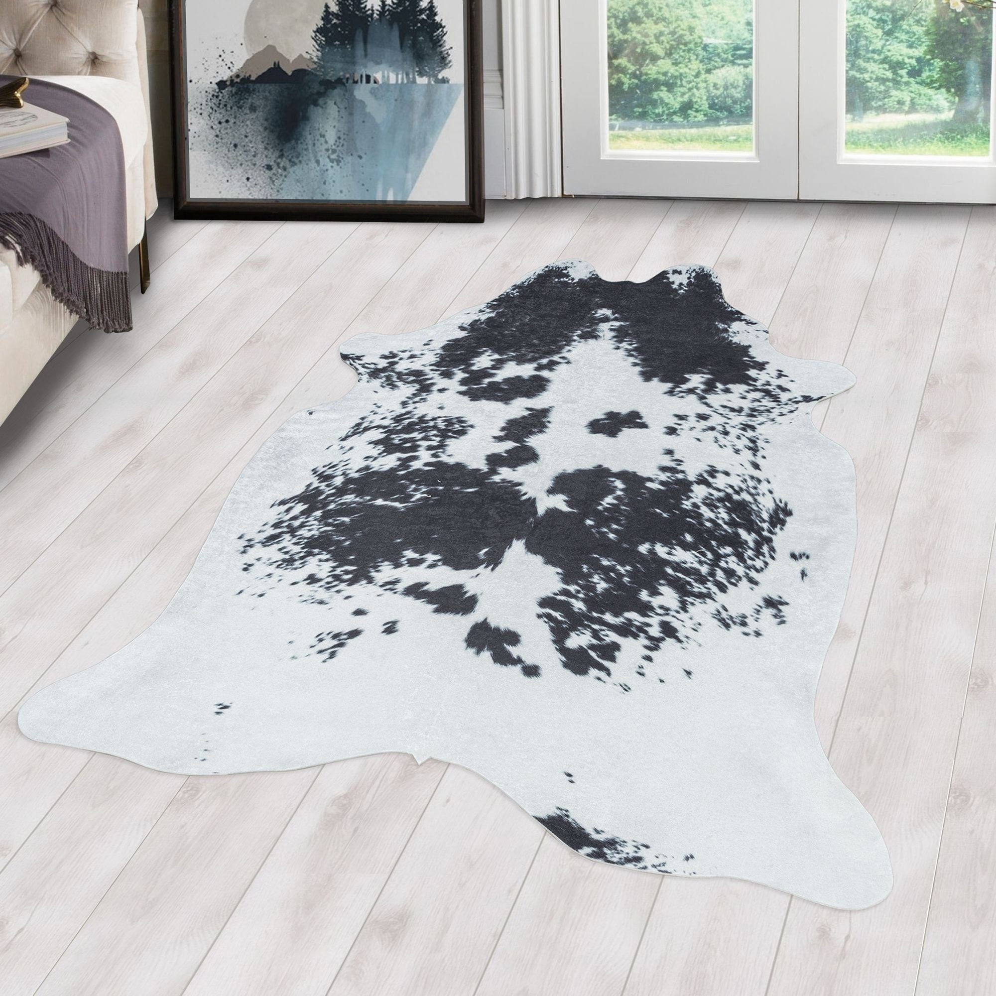 Fellteppich Rindsleder Imitat, Carpetsale24, Rund, Höhe: 7 mm, Fellteppich Kuhfell Rindsleder Imitat Digitaldruck Waschbar Rutschfest