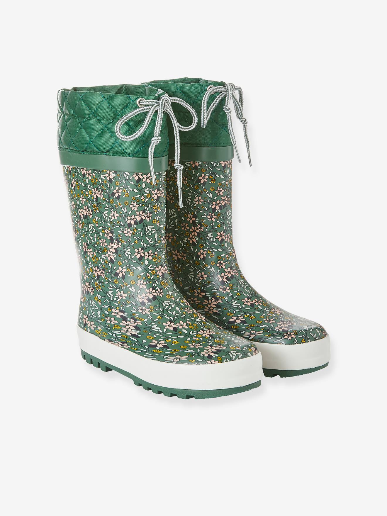 Bottes de pluie imprimées fille col matelassé vert