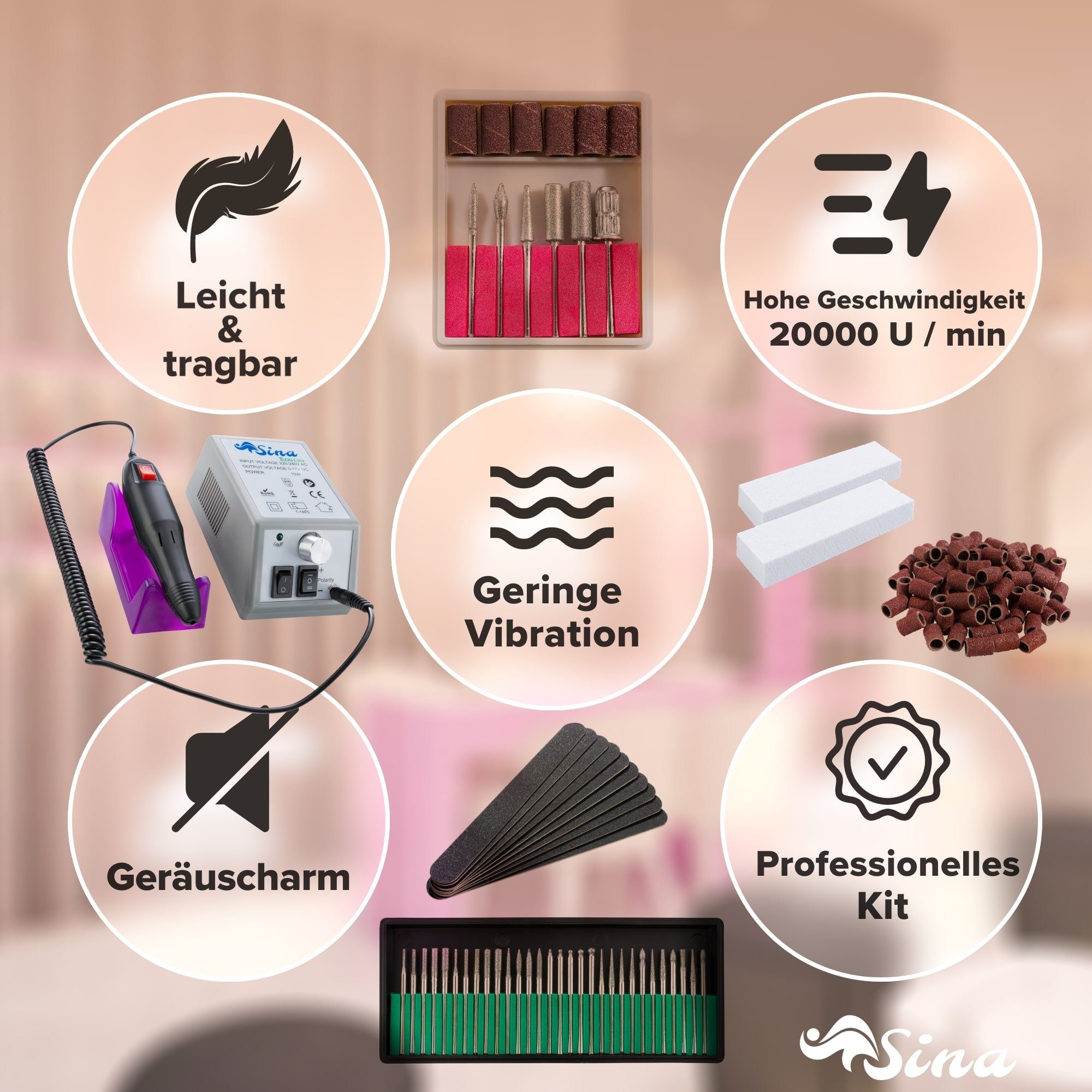 Sina Beauty-Multigerät Elektrische Nagelfräser, inkl. 6tlg. Bit-und Mandrel-Set, Stufenlos regulierbar