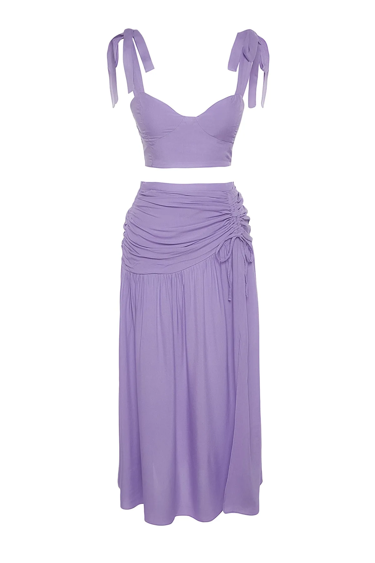Trendyol Collection  Lilafarbenes, gewebtes Blusen-Rock-Set mit Bindeband TBESS23AU00182