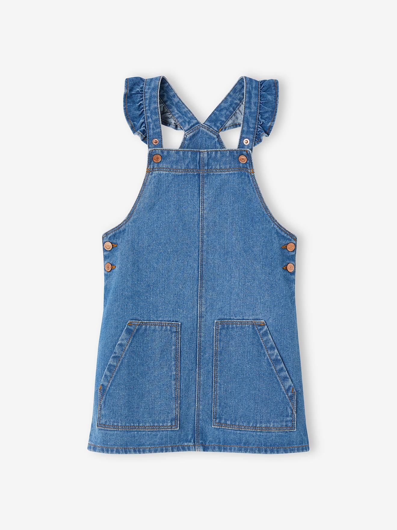 Robe salopette en jean bretelles volantées fille stone
