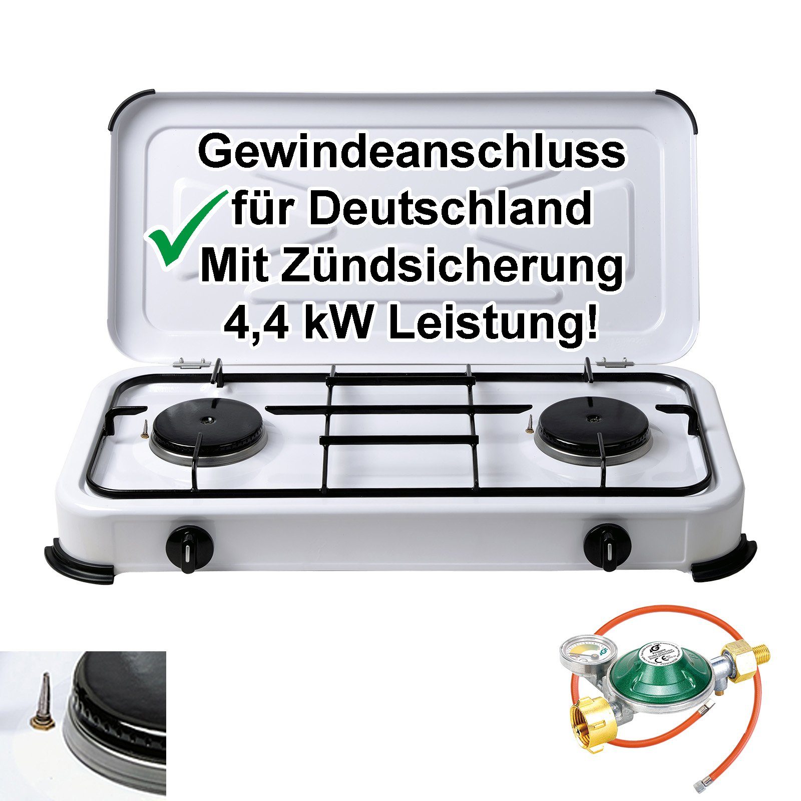 BlueCraft Gaskocher, 2-flammig - inkl. Manometerregler 50mbar und Gasschlauch 100 cm