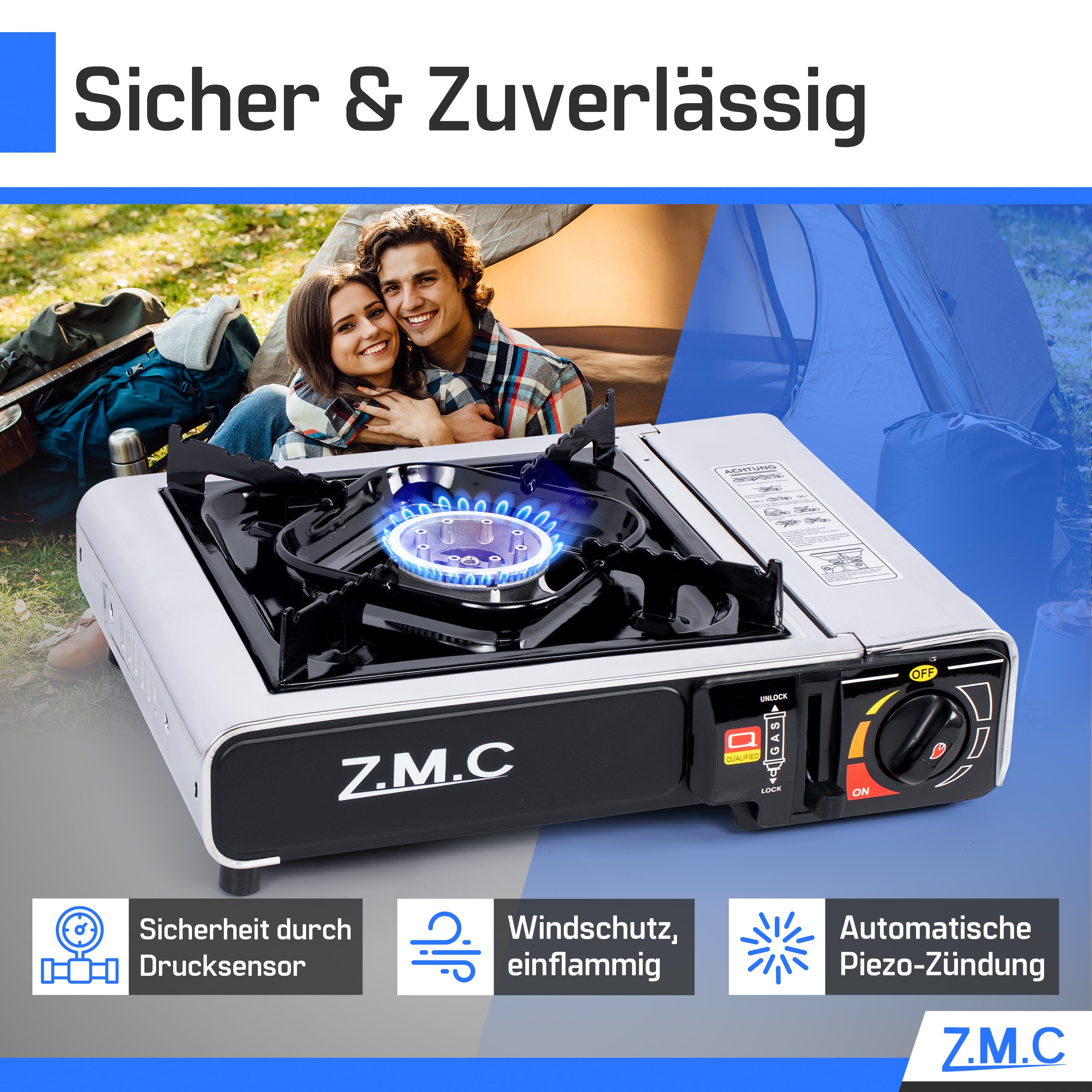 ZMC Gaskocher Edelstahl Campingkocher Gaskocher 1 Flammig, (Wärmeleistung: 2,2KW Tragbarer Kochfeld), Outdoor Camping Gas Kocher Herd Kartuschenkocher + Transportkoffer