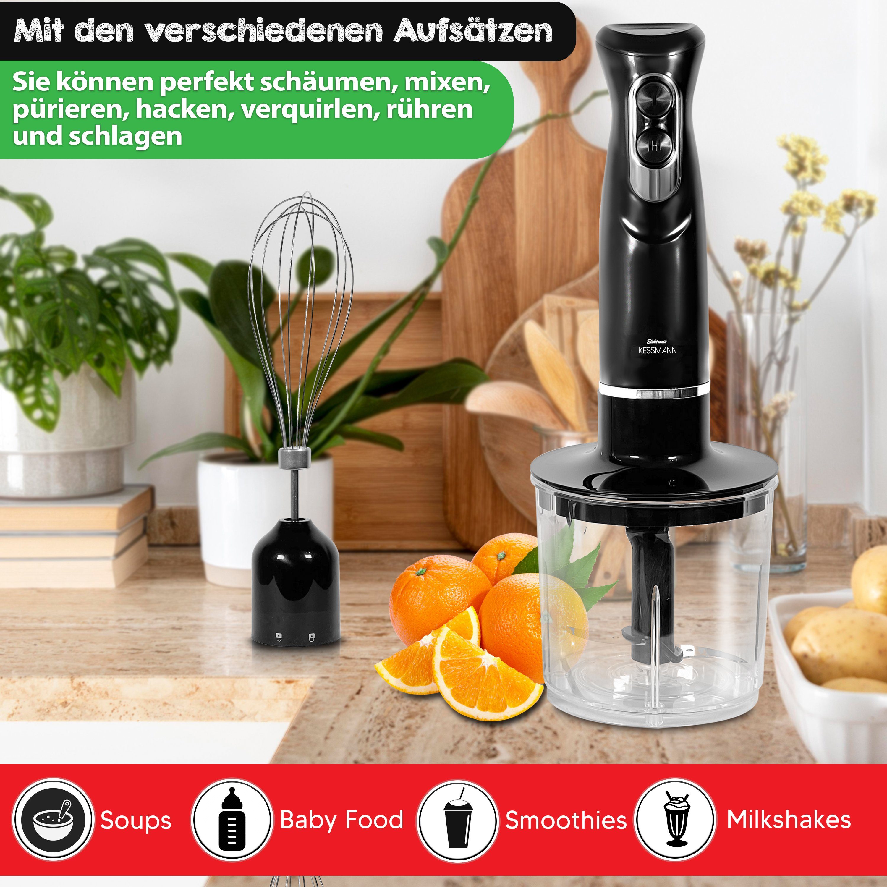 KESSMANN Schäfer Stabmixer Set mit Pürierbecher Zerkleinerer & Schneebeesen 5Tlg Edelstahl Mixer, 600,00 W, Elektrischer Smoothie Maker Handmixer Rührstab Milchshake Blender