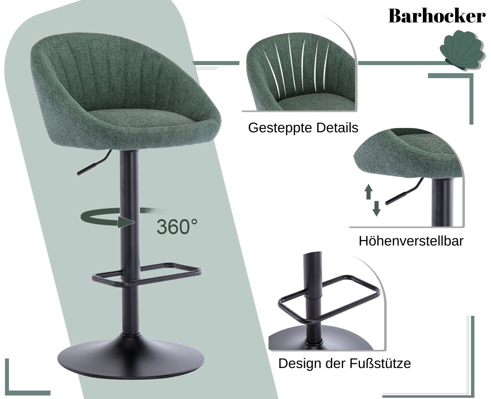 WAHSON OFFICE CHAIRS Barhocker 2er Set Barstuhl aus Stoff Tresenhocker