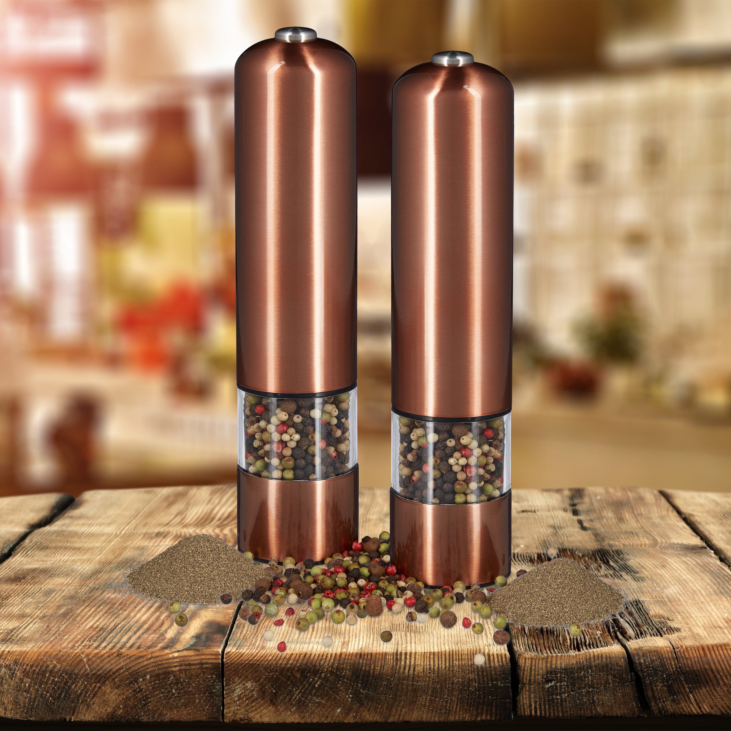 relaxdays Pfeffermühle 2 x Elektrische Pfeffermühle bronze