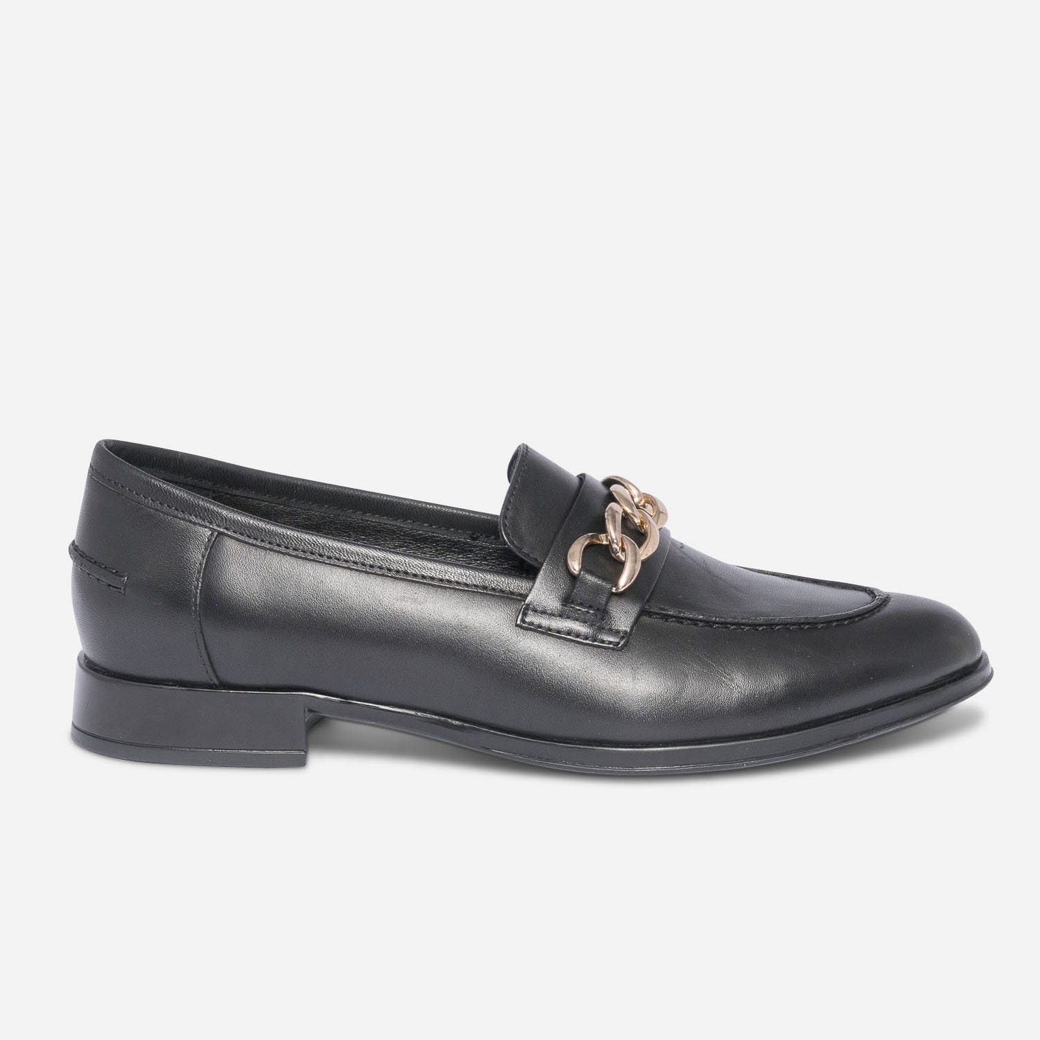 Mocassin noir en cuir à chaîne