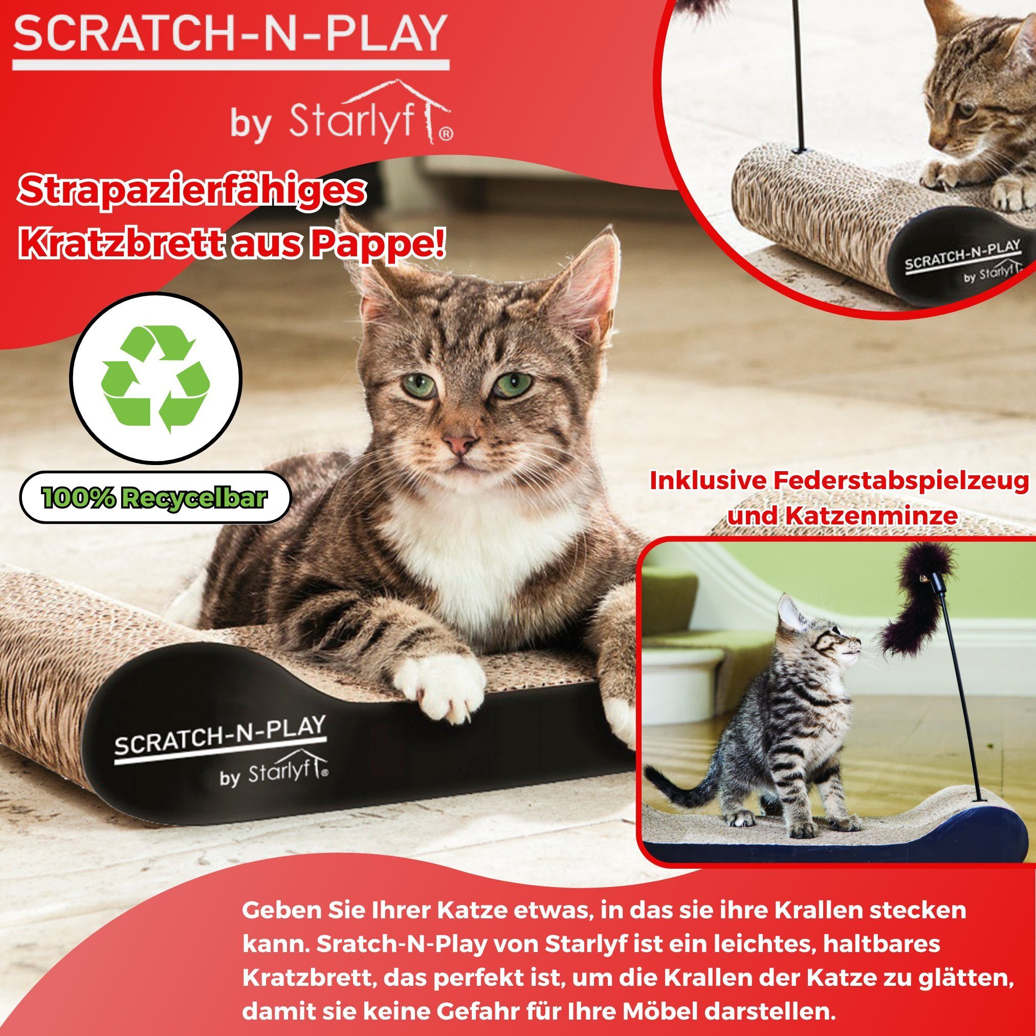 Starlyf Kratzpappe Cat Scratch N Play, (Spar Set, 1-tlg., 1er, 2er oder 4er Pack), Kratzmatte aus Pappe, umweltfreundlich, langlebig, mit Feder