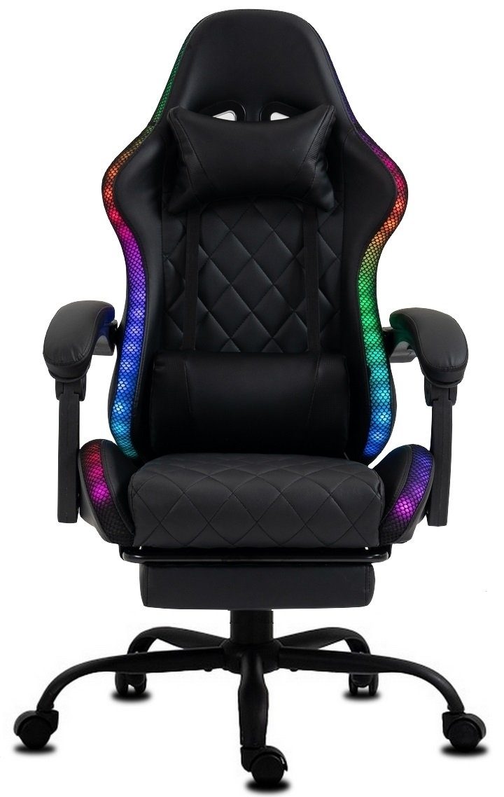 Delman Gaming-Stuhl Bürostuhl Gaming Stuhl mit LED, RGB Beleuchtung, Drehstuhl, dicke Polsterung, Metallfußkreuz, Fußstütze 02-0055