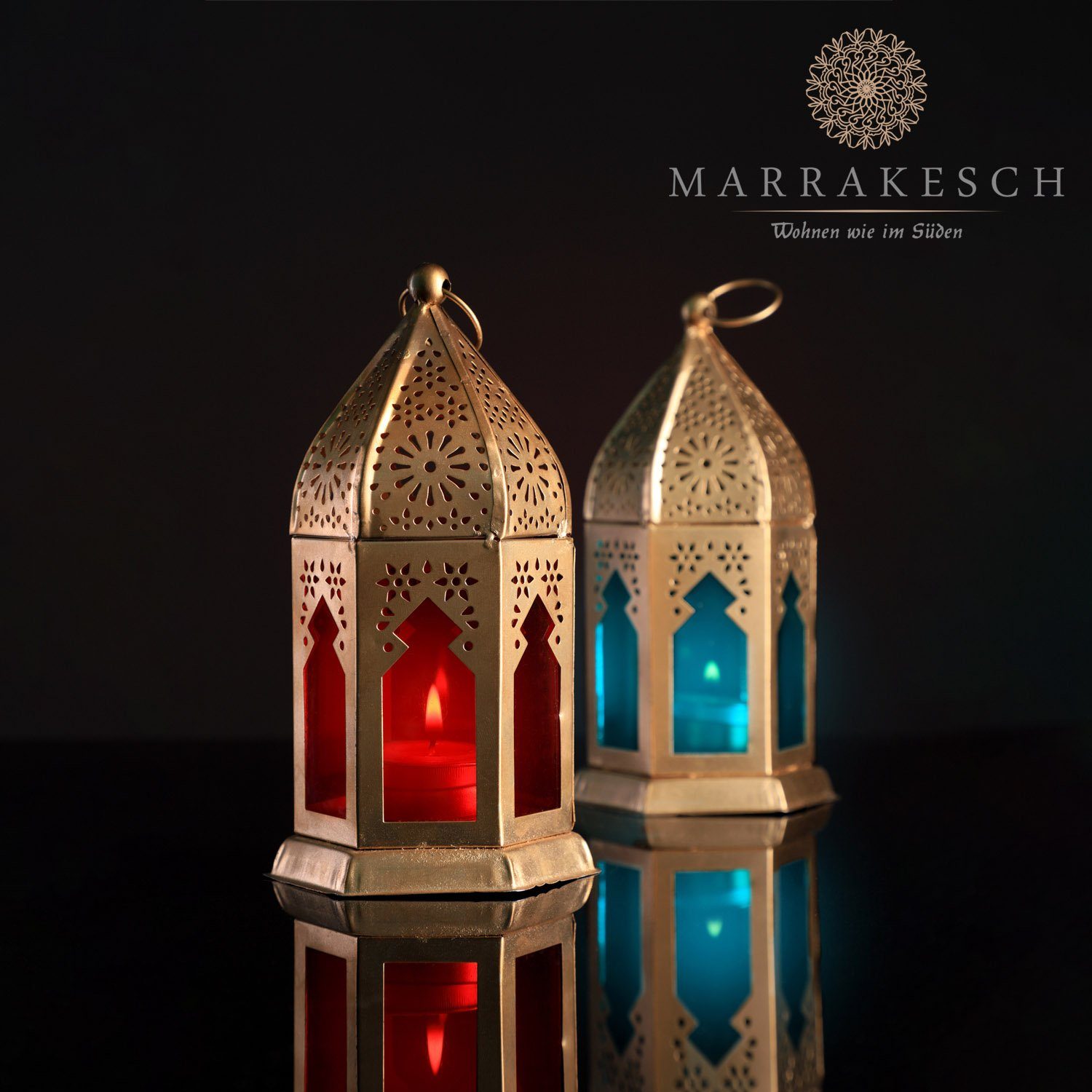 Marrakesch Orient & Mediterran Interior Windlicht 2er Set Orientalische Laterne Balkon Deko Geda, orientalisches Windlicht, Marokkanische Metalllaterne für draußen als Gartenlaterne, oder Innen als Tischlaterne, Marokkanisches Gartenwindlicht (2 St),