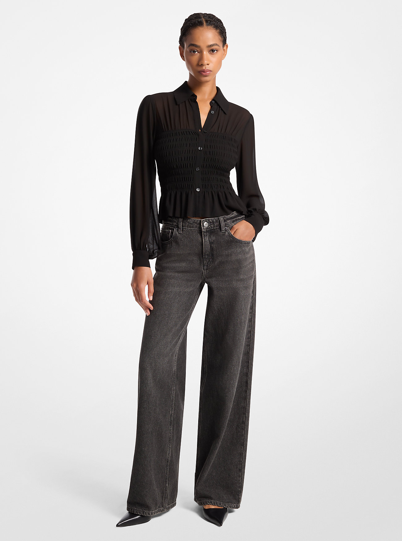 Smocked Georgette-skjorte - SVART