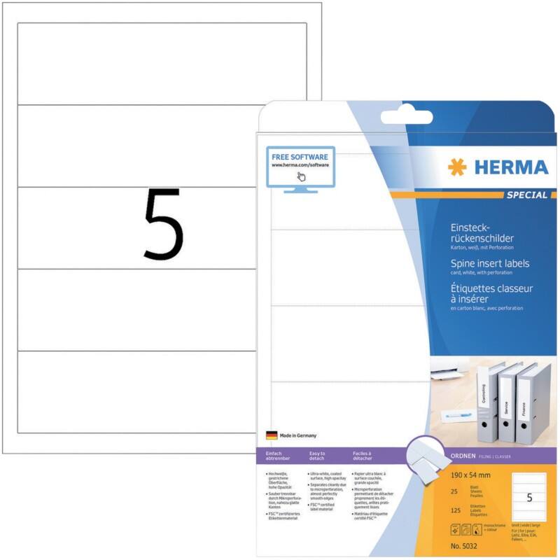 HERMA SPECIAL 5032 Ordneretiketten DIN A4 54 x 190 mm Weiß 25 Blatt à 5 Etiketten