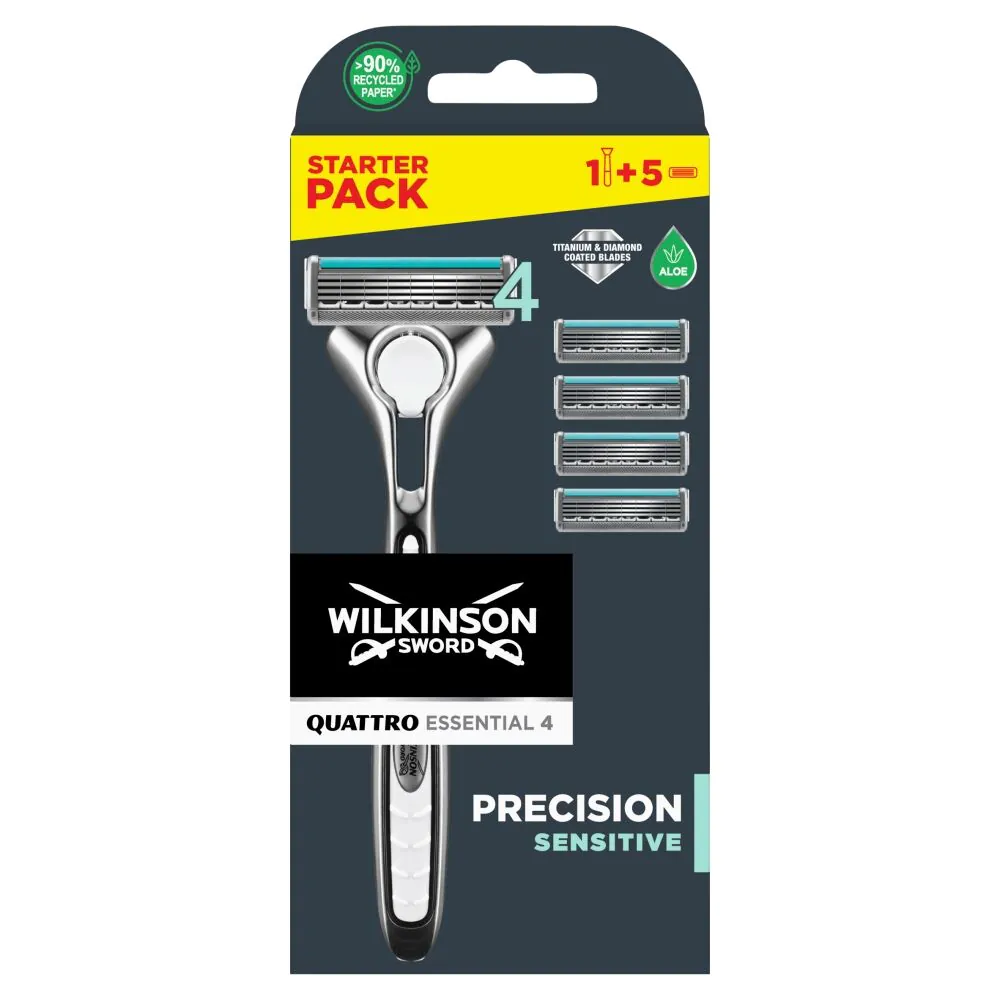 Wilkinson Quattro Titanium Sensitive skustuvas su užspaudžiamuoju peiliuku + 4 kasetės