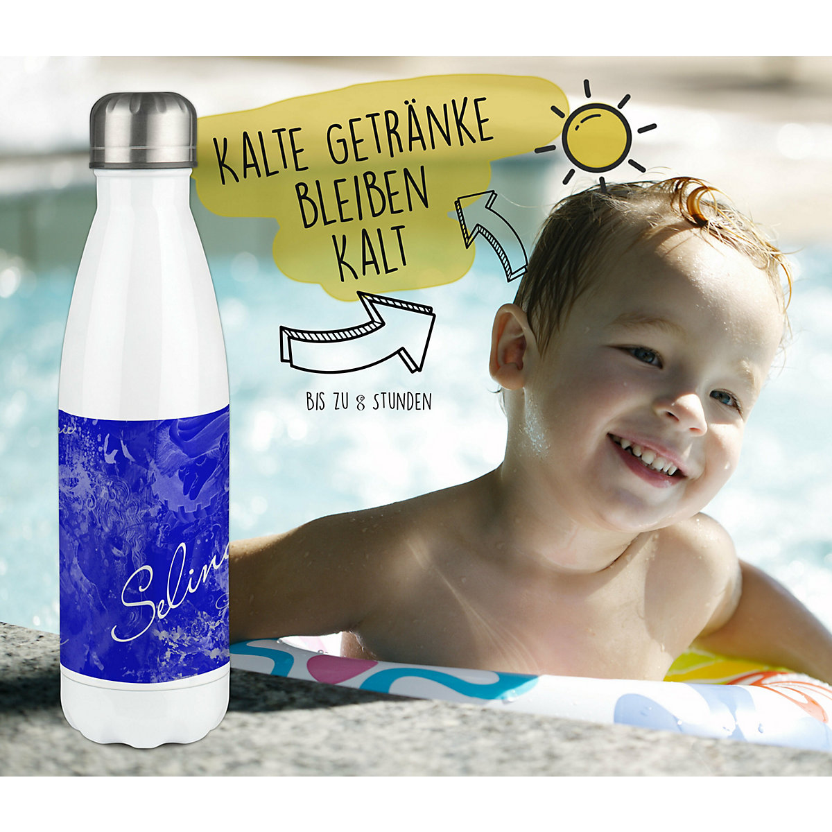 Edelstahl Kinder Thermoflasche / Trinkflasche bunt Traum Farbe blau Spülmaschinenfest, Auslaufsicher, Bruchfest, Doppelwandig, Für Heißgetränke geeignet, Mit Deckel, Isoliert