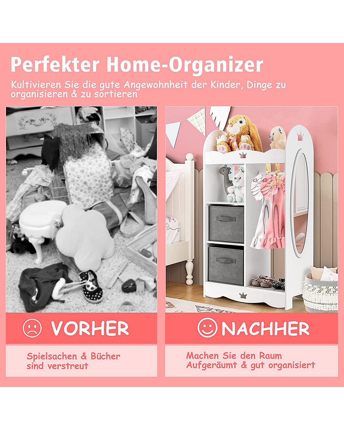 Kleiderschrank Kinder mit Spiegel & 2 Stoffbox