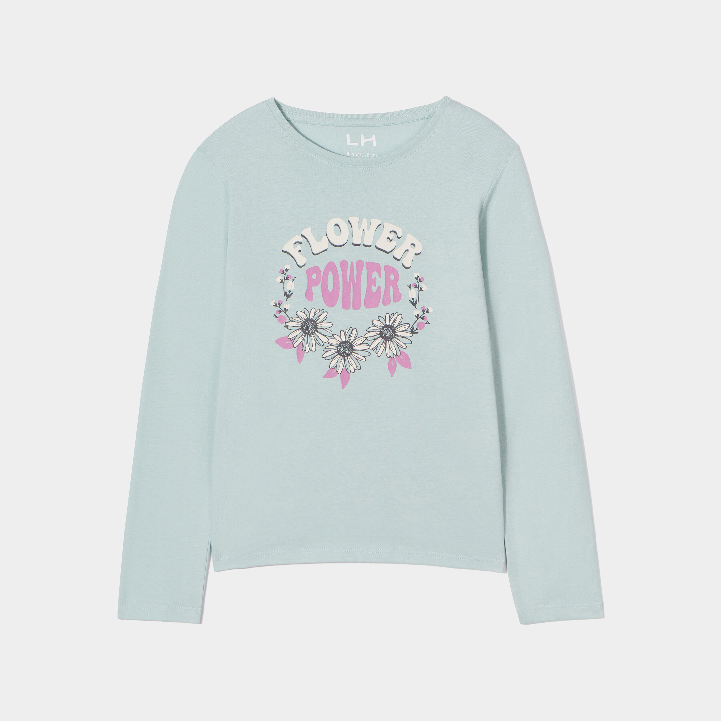 T-shirt col rond manches longues coton bleu gris fille | La Halle