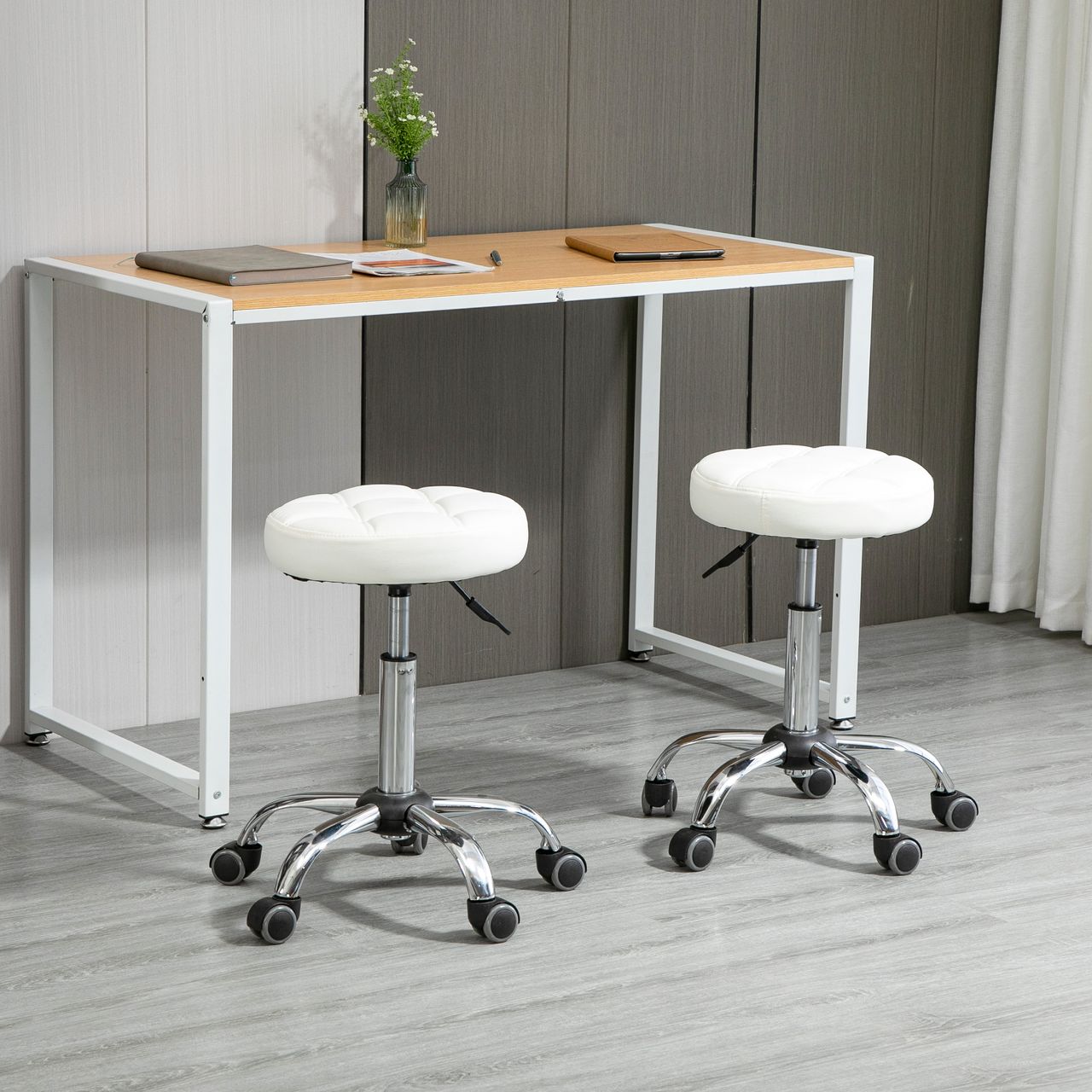 HOMCOM 2er-Set Rollhocker Drehhocker mit Rädern Arbeitshocker höhenverstellbar drehbar Salon Hocker Salonstühle Kunstleder Weiß Ø35,5 x 48-63H cm