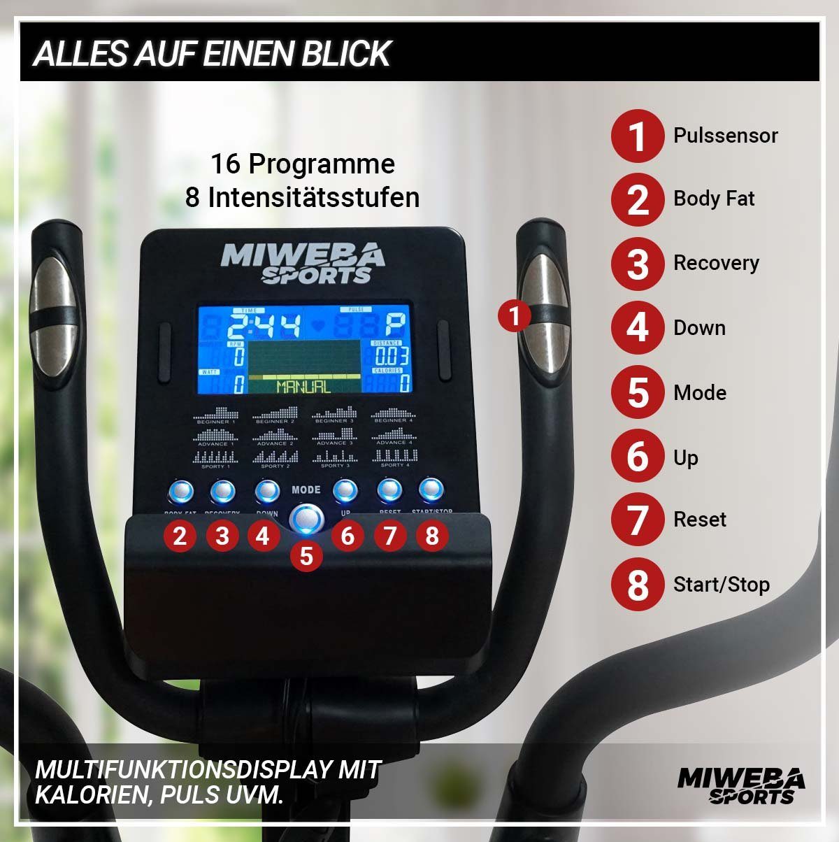 Miweba Sports Ellipsentrainer Profi Crosstrainer MC300 inkl. Pulsgurt - 21 kg Schwungmasse (8 Intensitätsstufen, 16 Trainings Programme, Cardio, Fitnessgerät, Sportgerät, verstellbar, 1-tlg., iConsole, Kinomap, FitHiWay App, großes LCD Display, Table