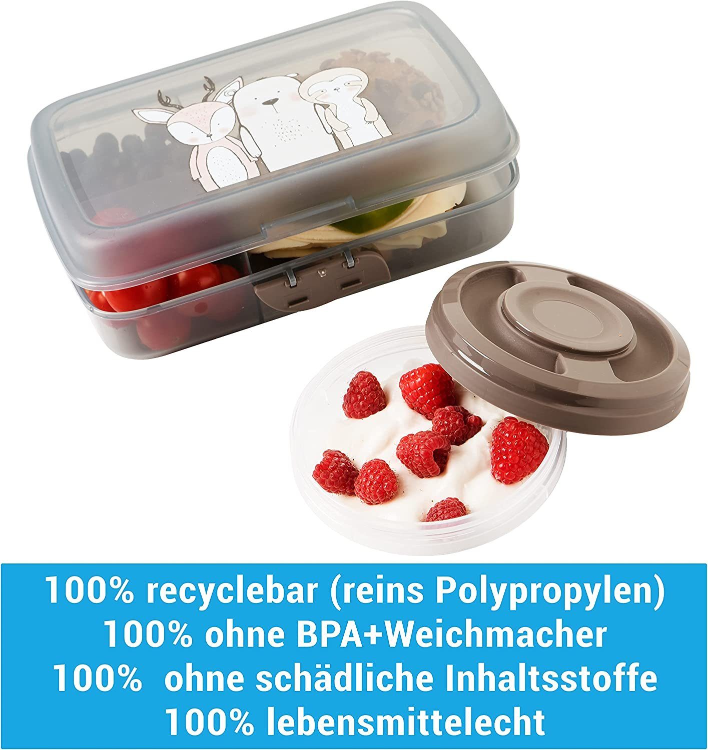 Centi Lunchbox Brotdose Kinder mit Fächern, Lunchbox Kinder mit Trennfächern, Kunststoff, (Spar-Set, 2-tlg., 2x Brotdosen + 2x Schraubdeckeldosen), mit Klickverschluss Brotzeitbox ohne BPA, 100% Recyclebar