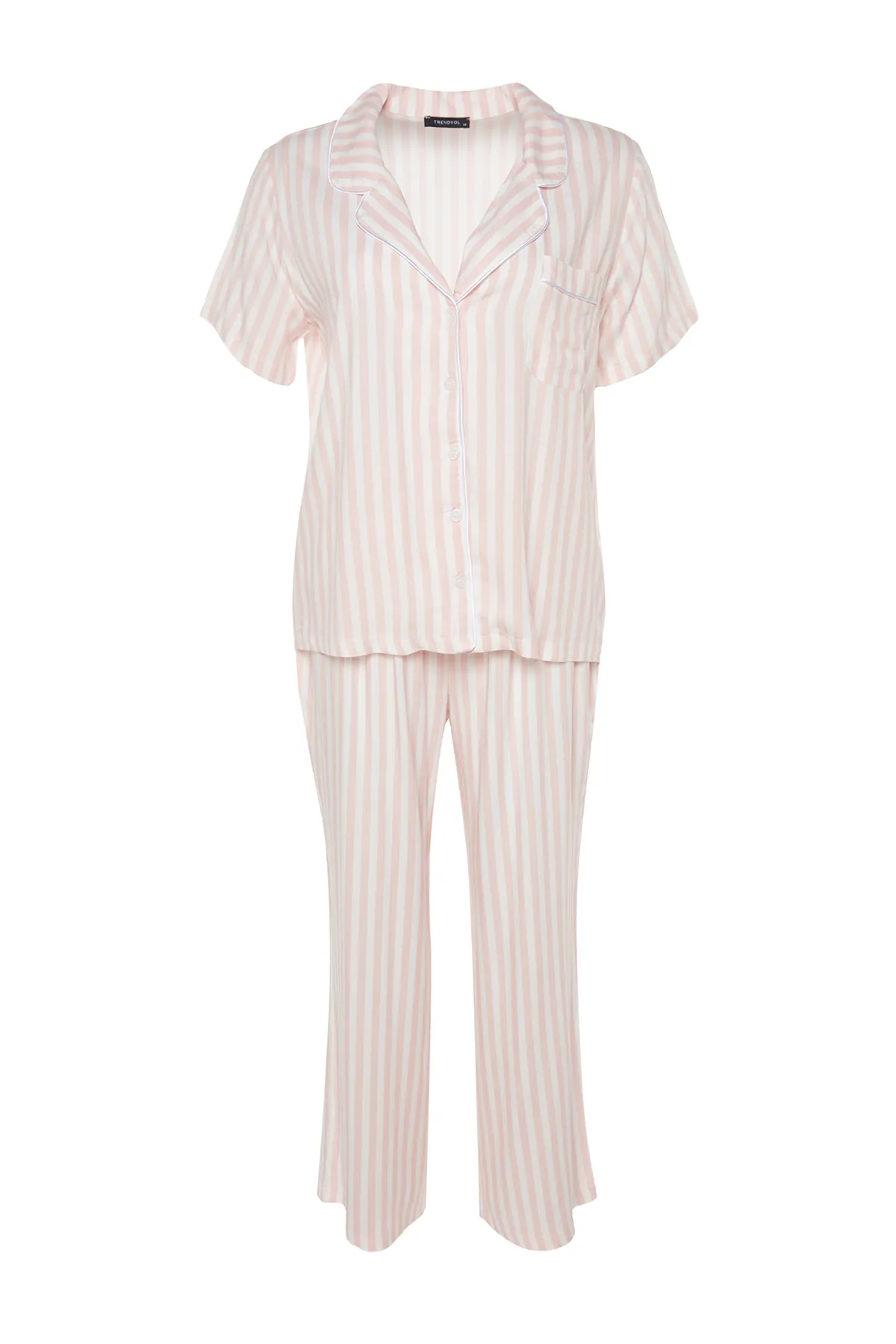Trendyol Curve  Rosa gestreiftes, gewebtes Pyjama-Set mit Hemdkragen TBBAW24PT00000