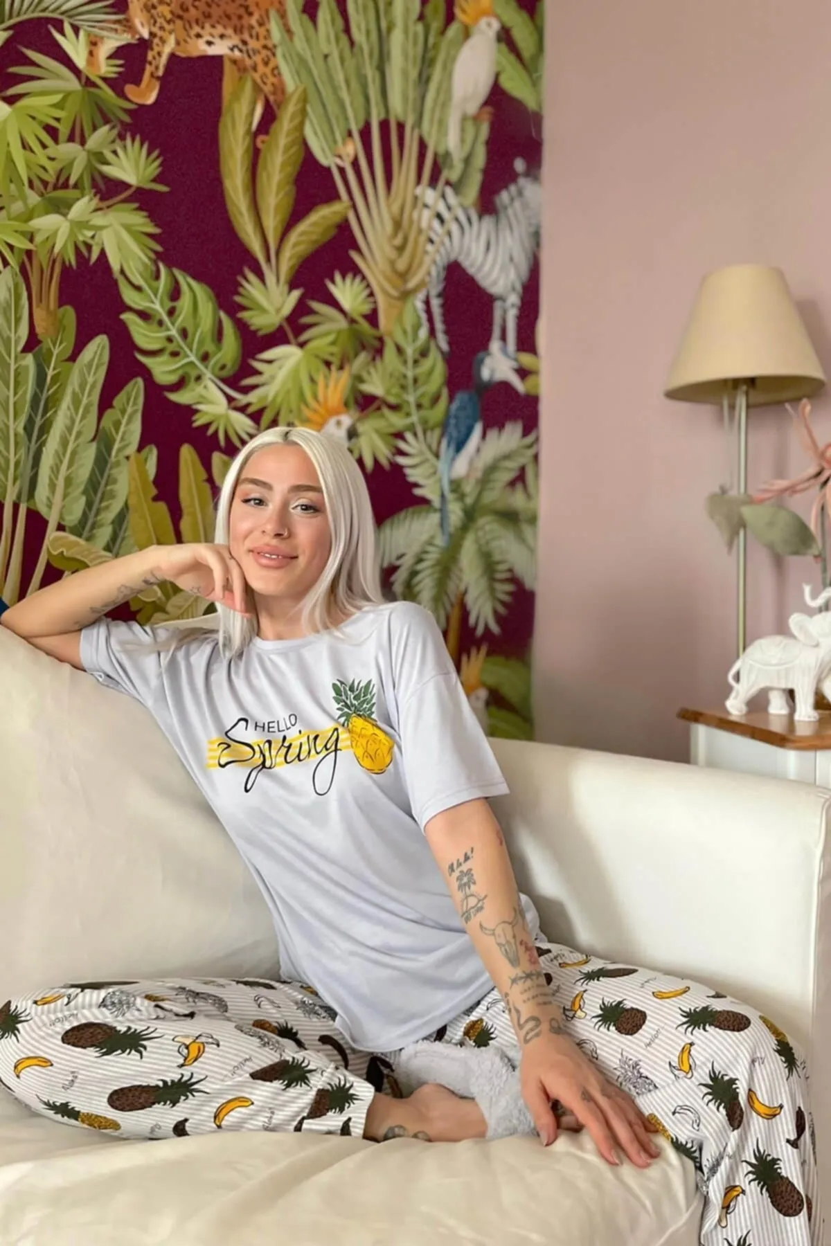 Pijamaevi  Kurzarm-Mutter-Tochter-Kombi-Pyjama-Set mit Ananas-Aufdruck