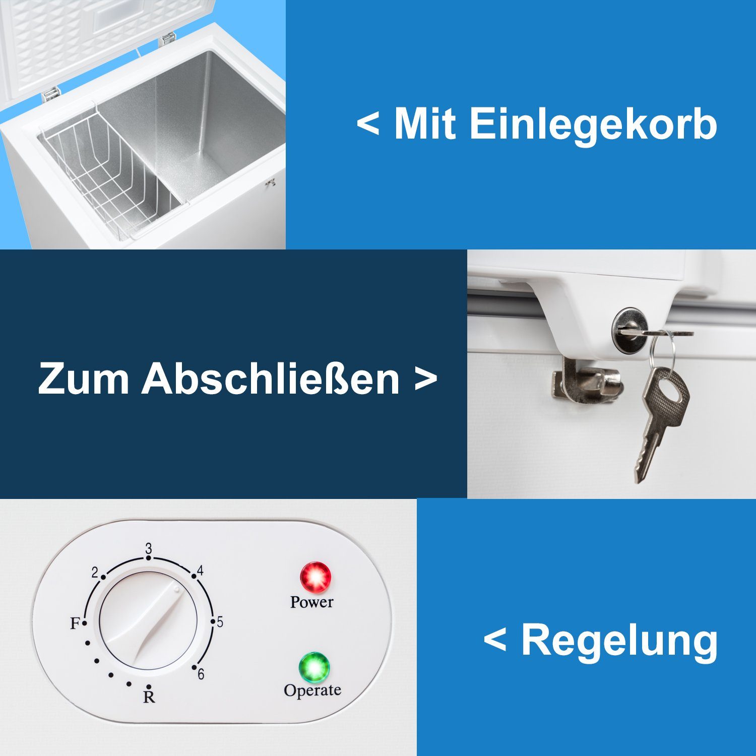 TroniTechnik Gefriertruhe BORGAR 160 PRO, 70 cm breit, 147 l, inkl. Dual Thermostat, LED Licht, Griff, Schloss, Rollen, Einlegekorb