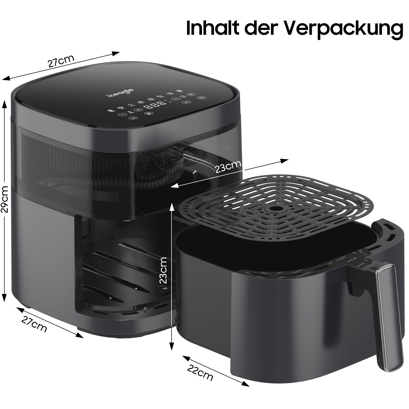 iceagle Heißluftfritteuse AirFryer KDF-615A 6.7L Heißluftfritteuse Luftfritteuse, 1700,00 W, Sichtbares Sichtfenster, 8 Voreingestellte Funktionen, Digitalem LED-Touchscreen, Einstellbare Temperaturregelung, Grau