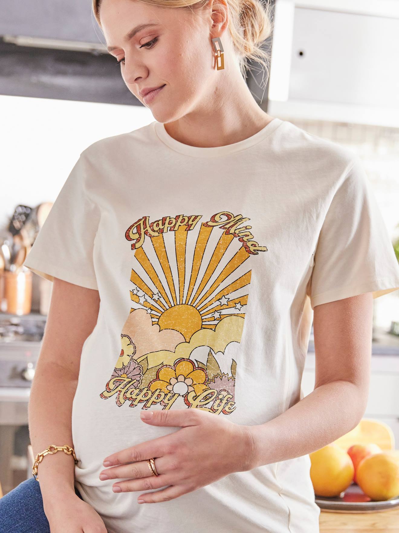 T-shirt motif Happy Mind grossesse et allaitement écru