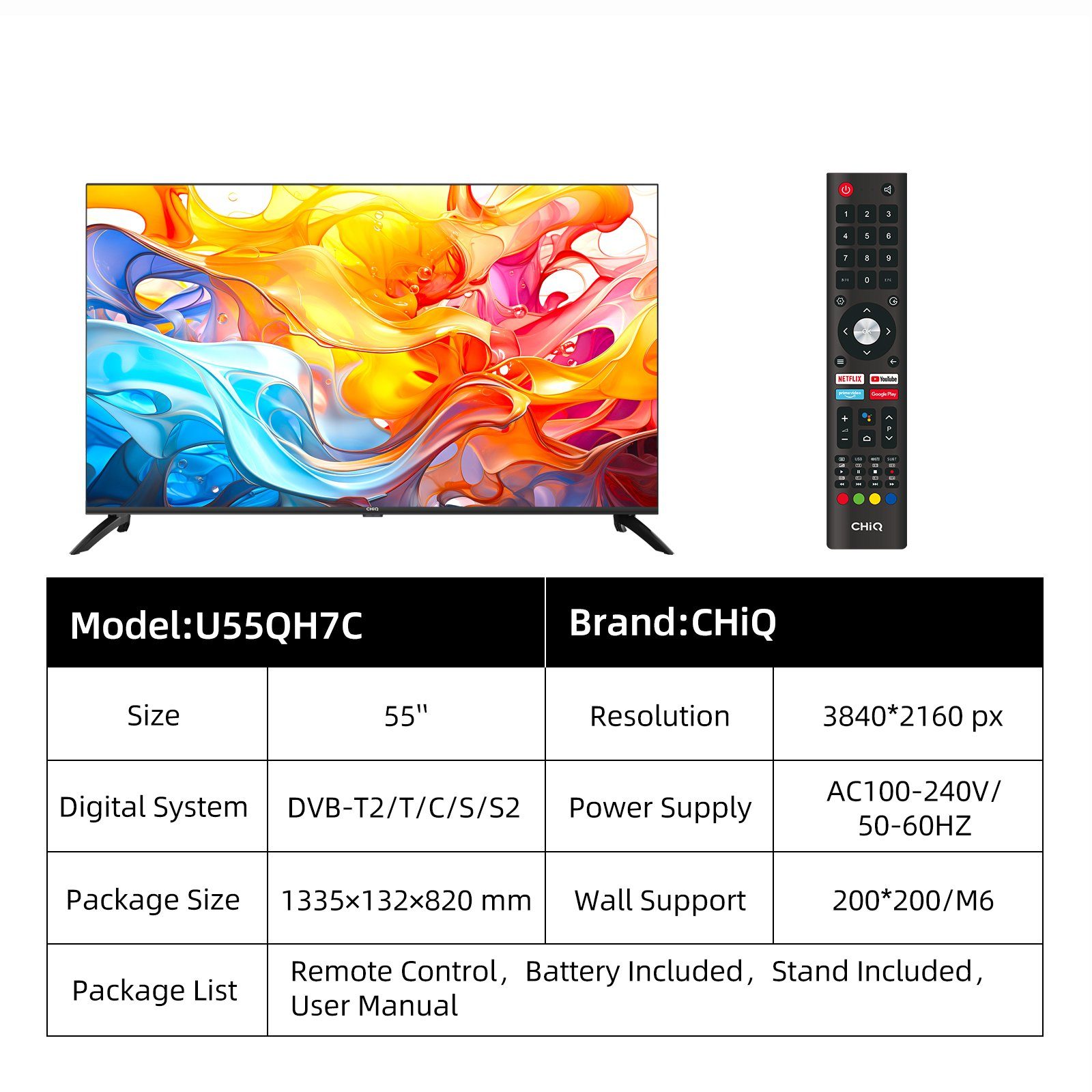 CHiQ U55QH7C QLED-Fernseher (139,00 cm/55 Zoll, 4K Ultra HD, Smart-TV, Android TV, WCG,Rahmlos design, Google Assistant)