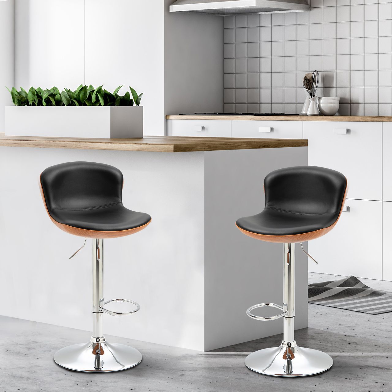 HOMCOM Barhocker mit Fußstütze, Barstuhl mit Rückenlehne, Bistrohocker, Esszimmerstuhl höhenverstellbar drehbar, PU, Schwarz, 2er-Set, 46 x 53,5 x 85-106 cm