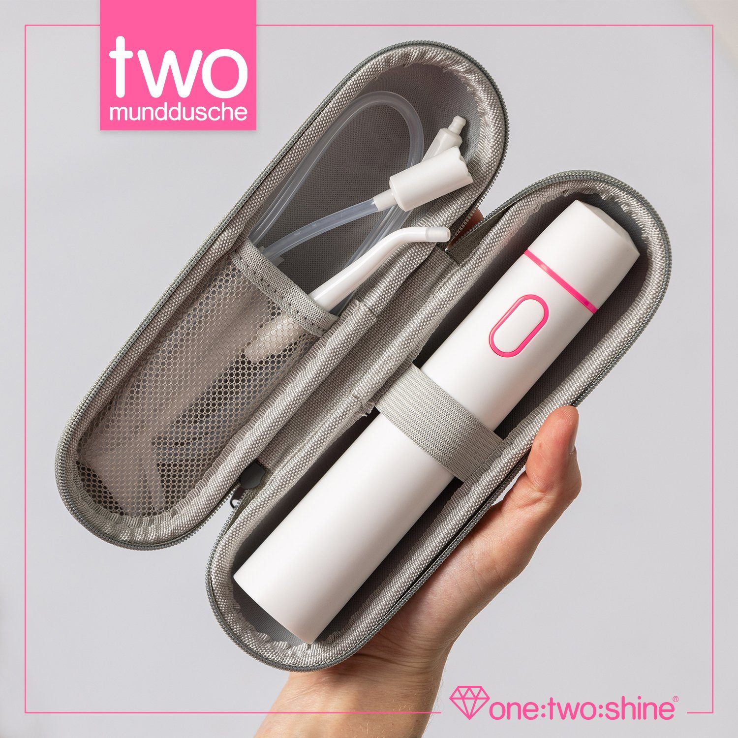 one:two:shine Reise-Munddusche TWO, klein, leicht, kabellos & elektrisch für Urlaub & Reise, mit, Aufsätze: 3 St., zur effektiven Zahnzwischenraumreinigung