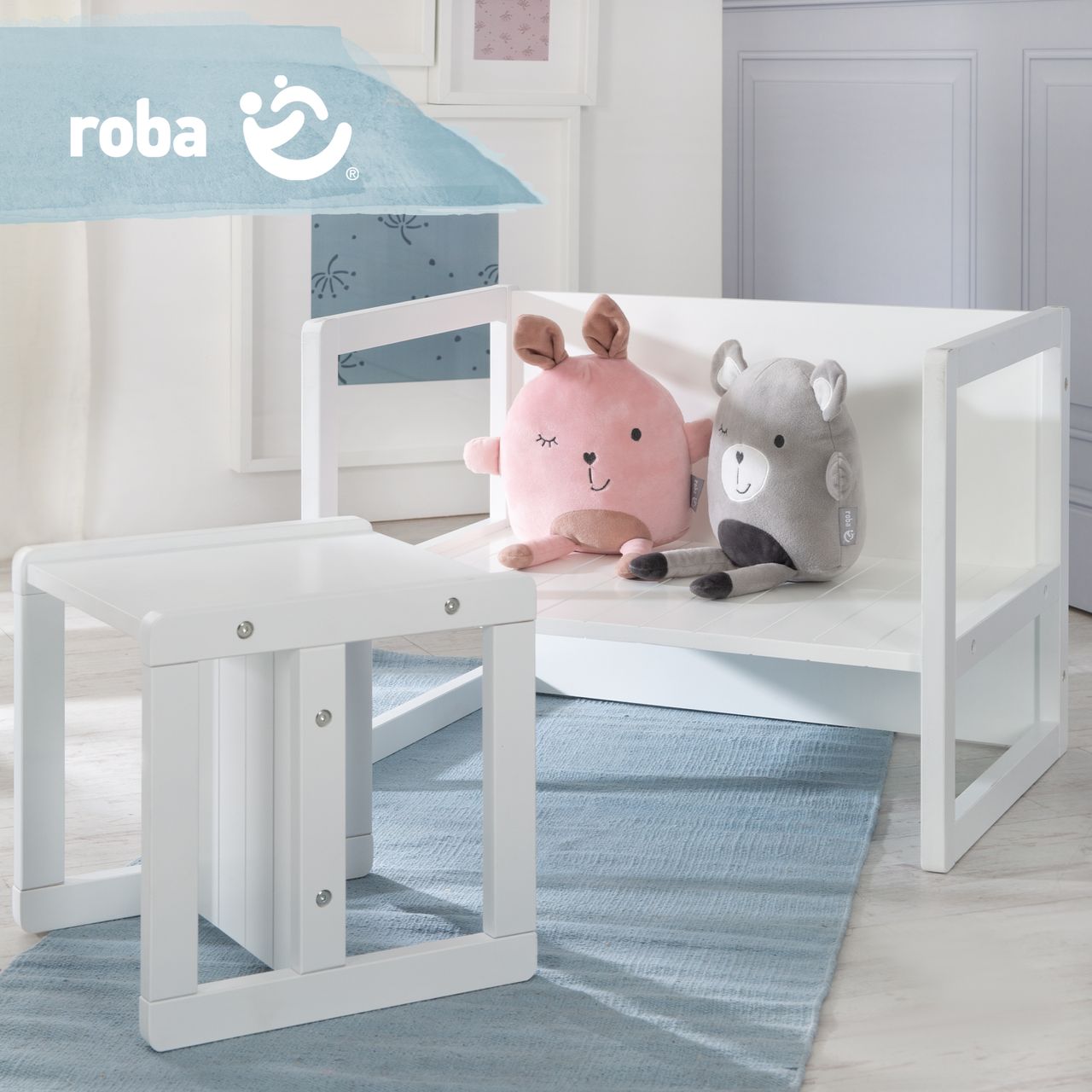 Roba Sitzbank im Landhausstil, weiß, durch Drehen in 2 Sitzhöhen oder als Kindertisch verwendbar