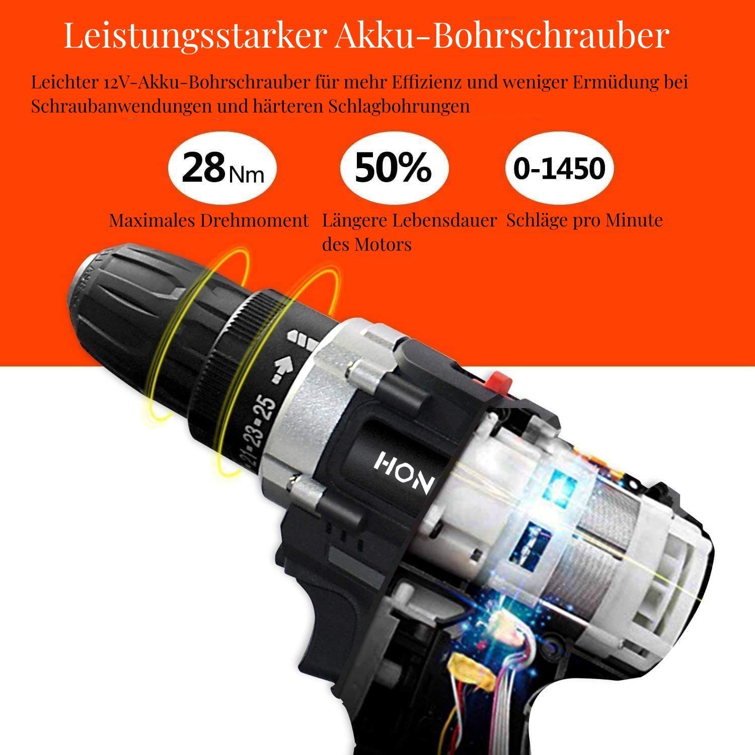 HONTOP Akku-Bohrmaschine Akkuschrauber mit 2 Akkus Bohrschrauber Set 12V 24 Zubehör