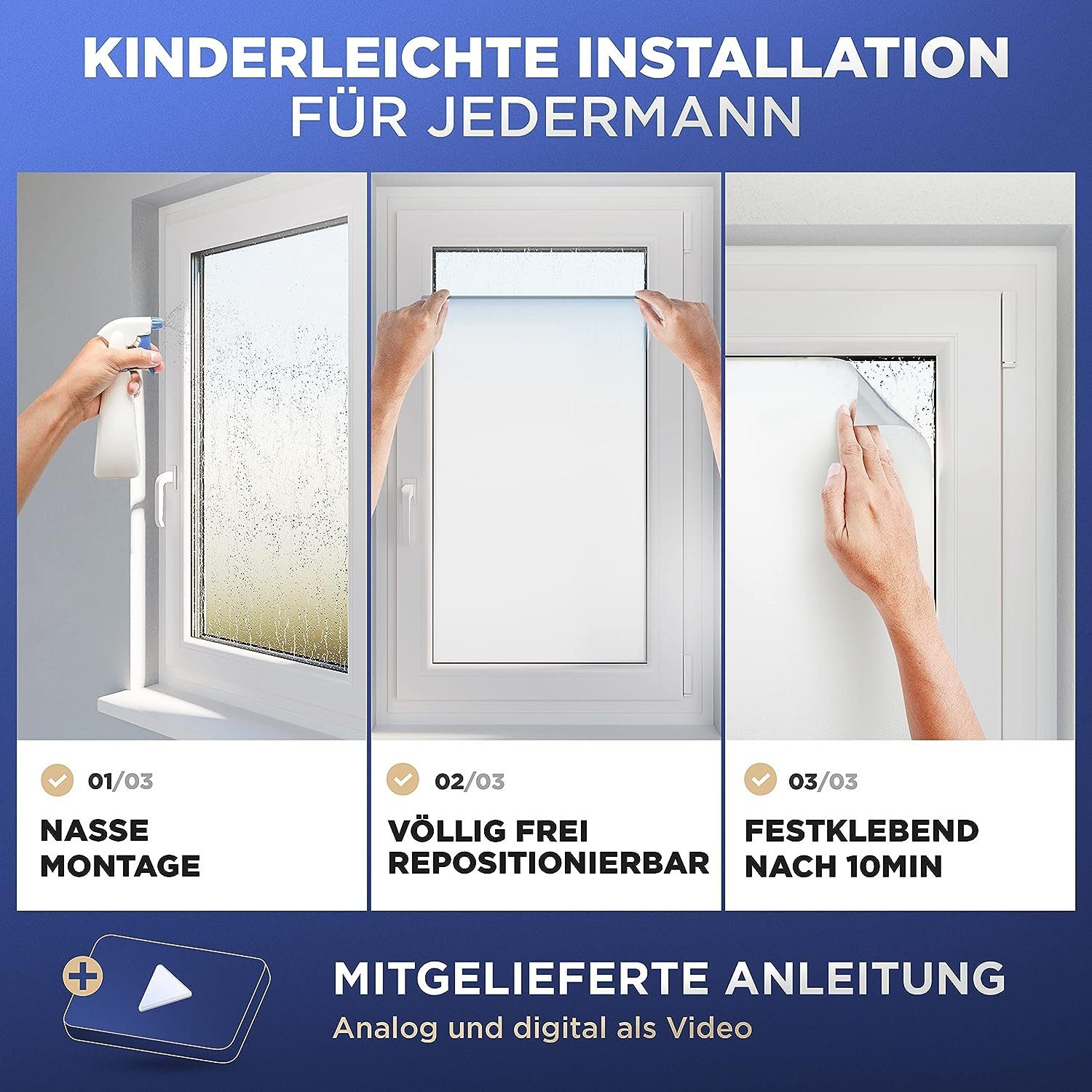 HELDENHAFT Sichtschutzfolie Fensterfolie Blickdicht - Milchglasfolie - Badfenster Sichtschutz, selbstklebende Fensterfolie, blickdicht, Sichtschutzfolie Fenster