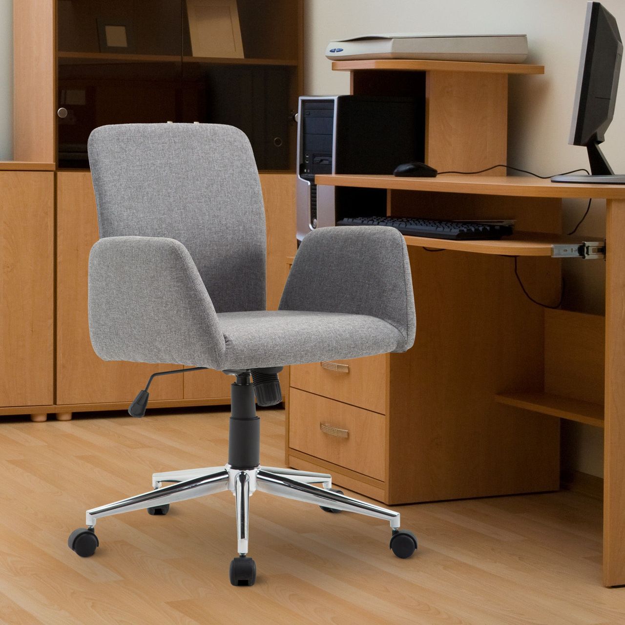 HOMCOM Bürostuhl Drehstuhl Bürosessel mit Rädern Armsessel im Nordischen Stil Schreibtischstuhl Edelstahl Leinenimitat Grau 61 x 58 x 88-97,5 cm