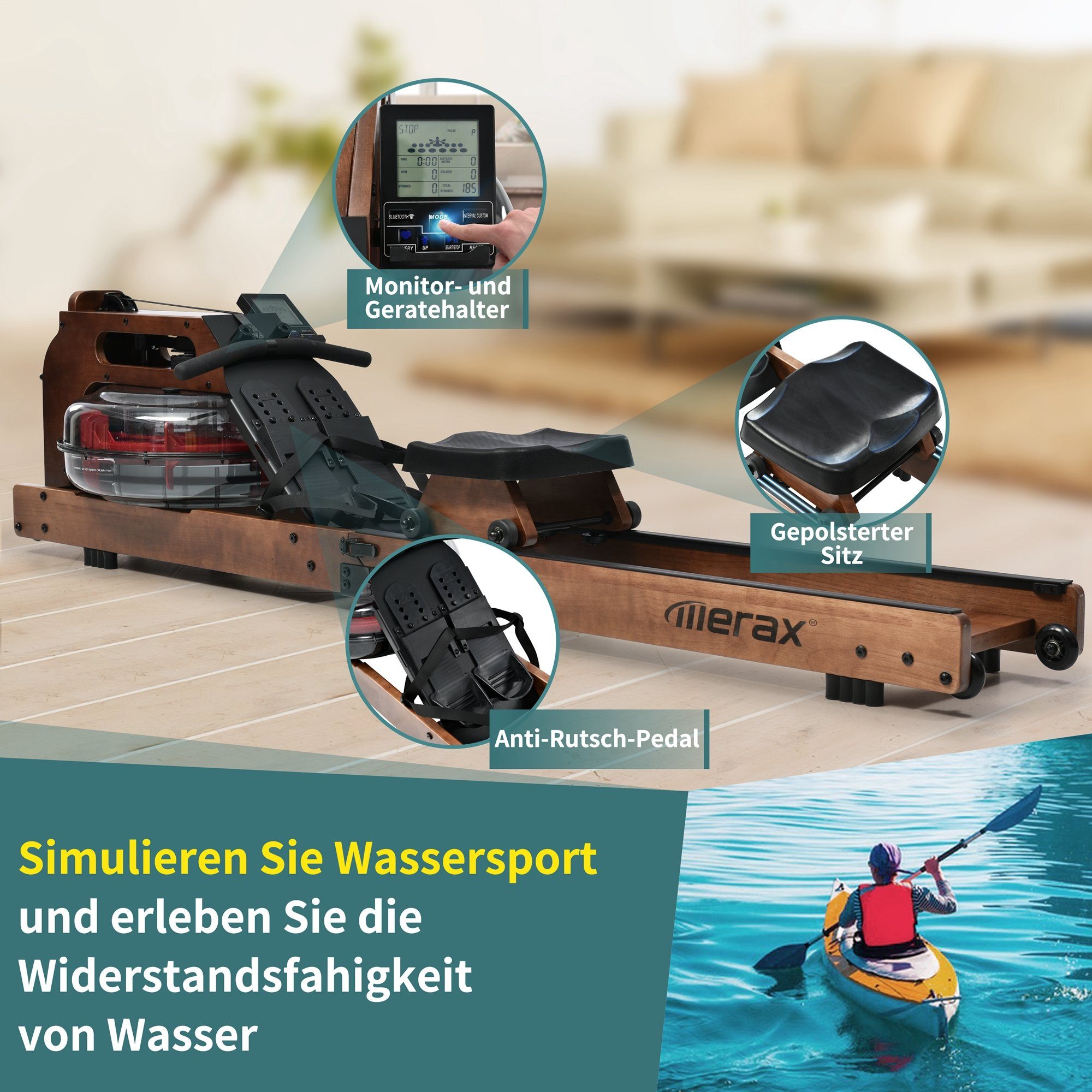 Merax Rudergerät mit APP und Display, Holz-Wasser-Rudergerät, Wasserrudergrät aus Massivholz, klappbar