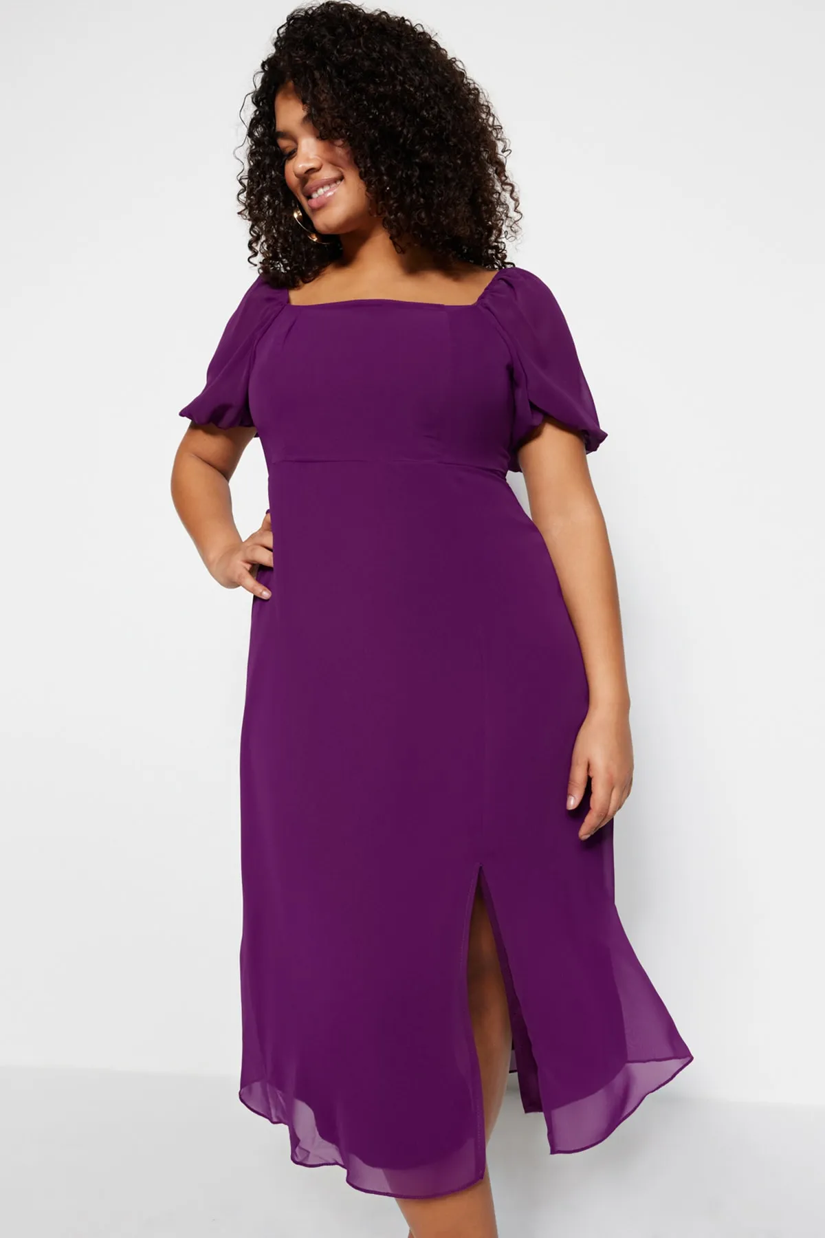 Trendyol Curve  Lila, schlichtes A-Linien-Midikleid aus Webstoff in Übergröße