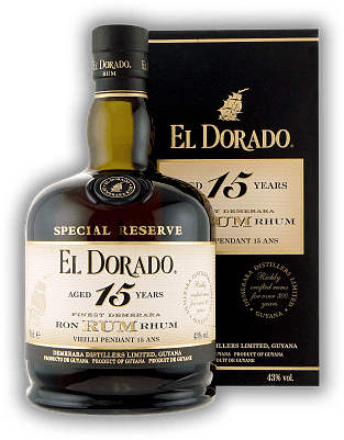El Dorado 15 Years Demerara Rum El Dorado 15 Years Demerara Rum Durch Lagerung in großen Eichenfässer erhält der Rum seine einmalige, perfekte und unvergessliche Konsistenz Alter 15 J. - 0,7	 Liter - Vol 43%