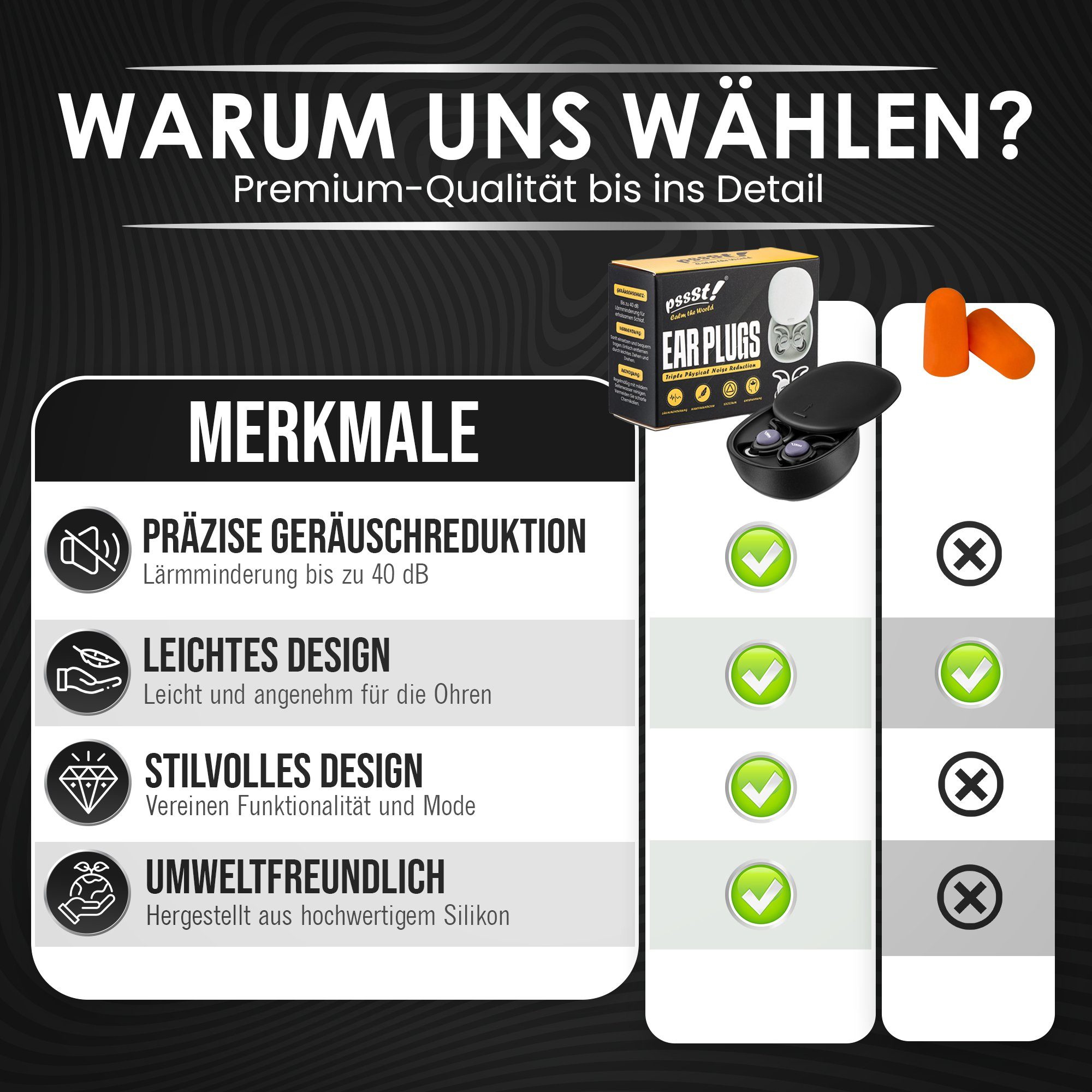 Pssst! Gehörschutzstöpsel Silikon Ohrstöpsel zum schlafen, Weicher & Bequemer Gehörschutz, mehr Fokus, besser schlafen mit einer Geräuschreduzierung bis 40db