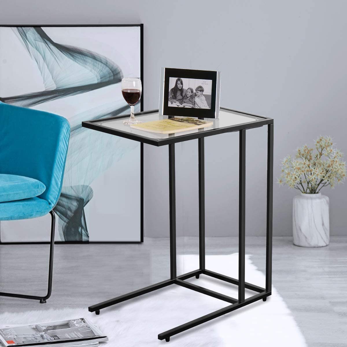 COSTWAY Beistelltisch, Laptoptisch fürs Bett, aus Glas 55,5 x 35 x 65 cm