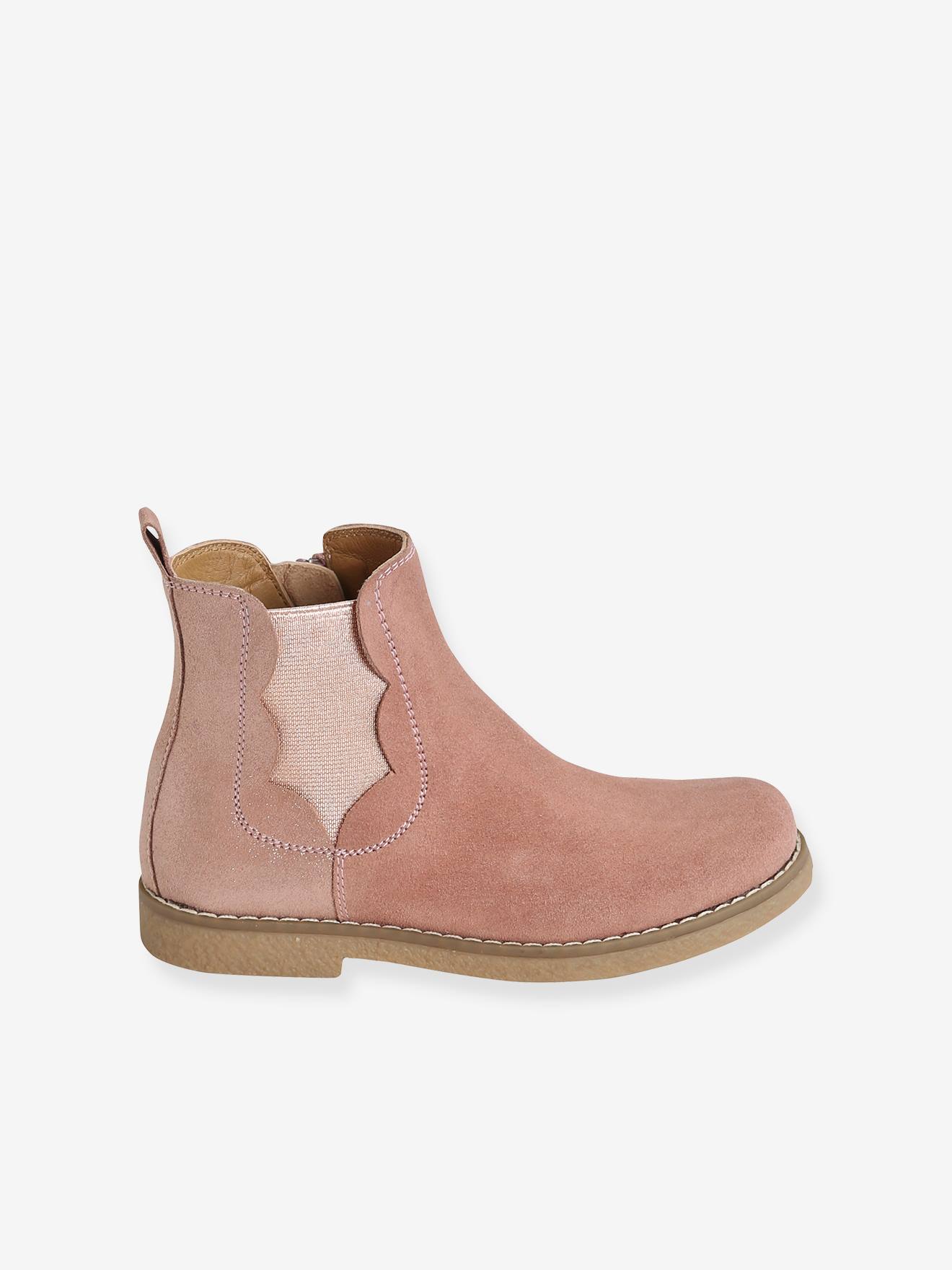 Boots cuir fille zippées et élastiquées marron irisé
