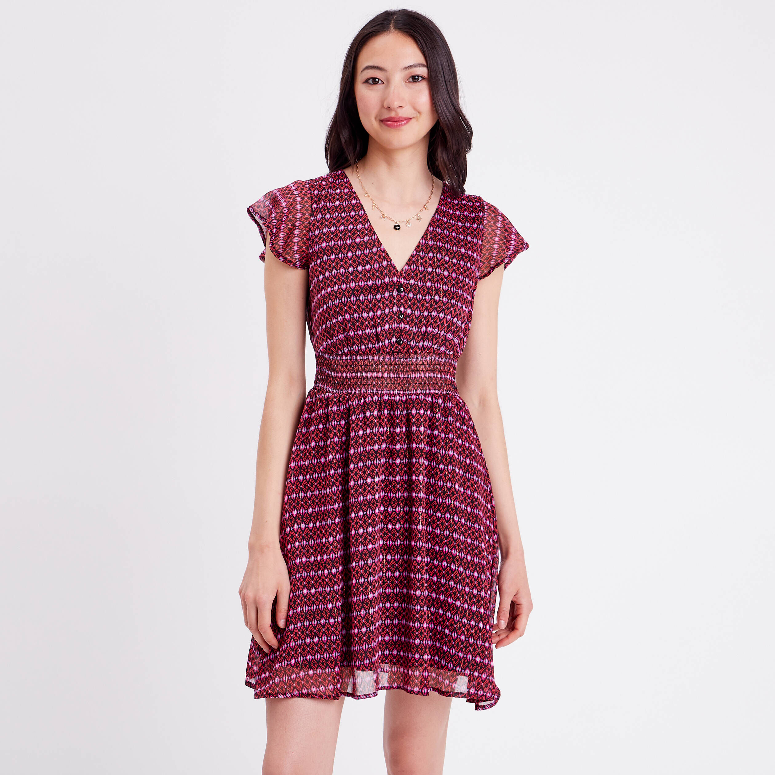 Robe évasée manches courtes rouge femme | Cache Cache