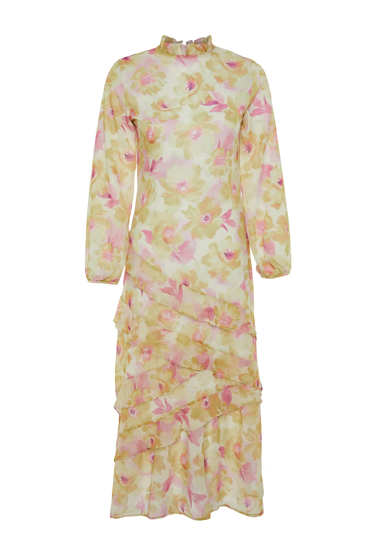 Trendyol Modest  Grüner Blumenrock, gerüschtes, gefüttertes Kleid aus gewebtem Chiffon TCTSS24EB00036