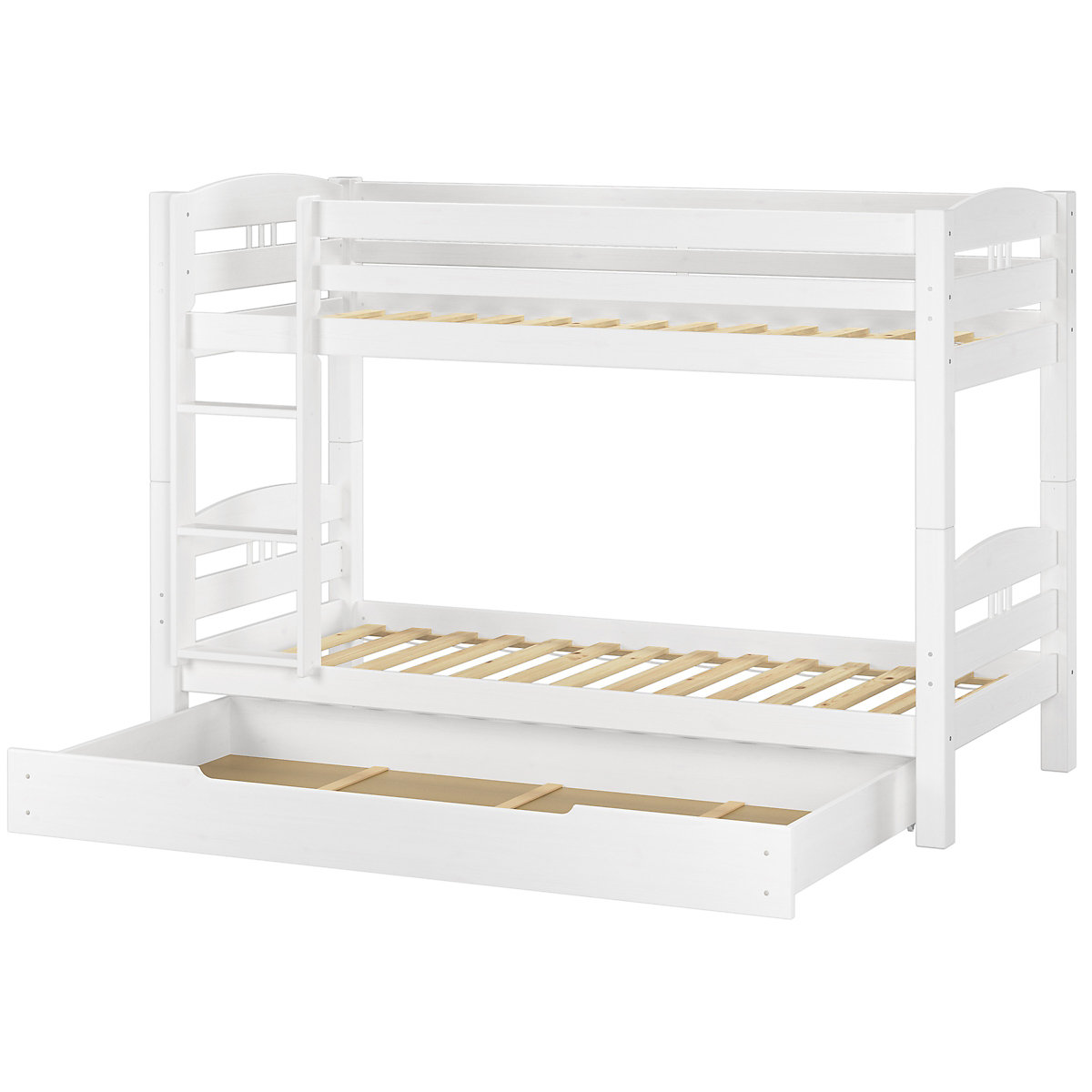 Stockbett 90x200 Kiefer weiß mit Rollrost und Bettkasten